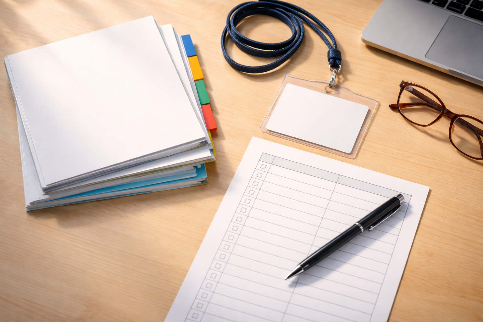 Top-down view of neatly arranged blank conference materials — color-tabbed brochures, a blank lanyard badge, an empty registration sheet, pen, glasses and laptop corner — lit by soft window light with the lower third left clear.