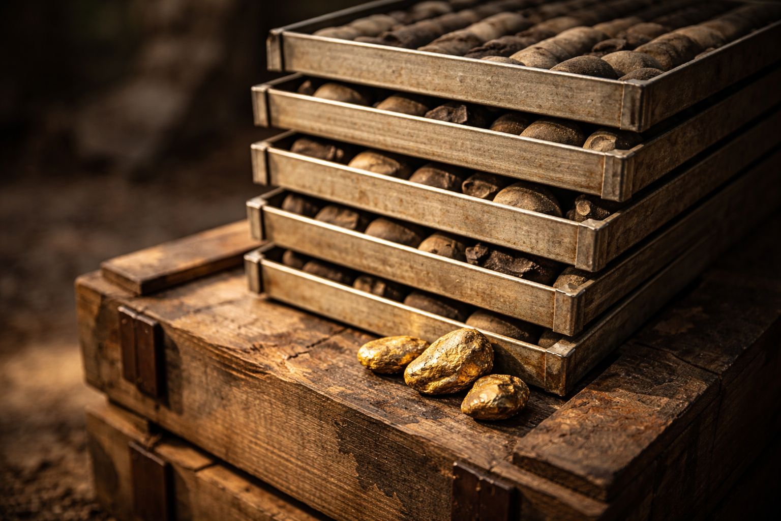 Low-angle photo of stacked unbranded mining core sample trays topped by a few raw gold-coloured nuggets, lit by warm late-afternoon light with the main subject in the upper two-thirds and a quiet lower third.