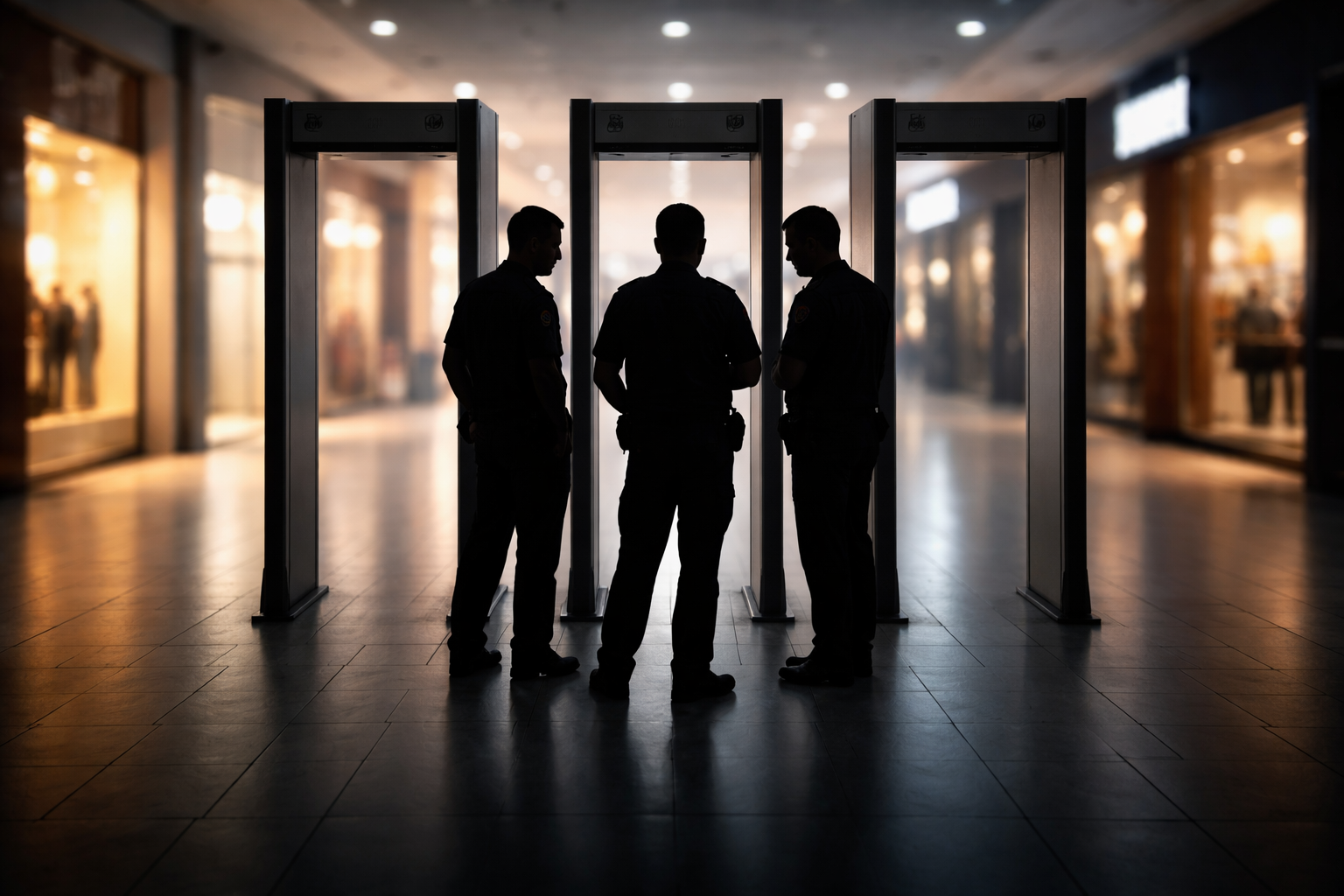 Backlit silhouettes of three security staff standing by three unbranded walk-through metal detectors in a softly lit shopping-mall corridor, with the subjects occupying the upper two thirds and a calm empty lower third.