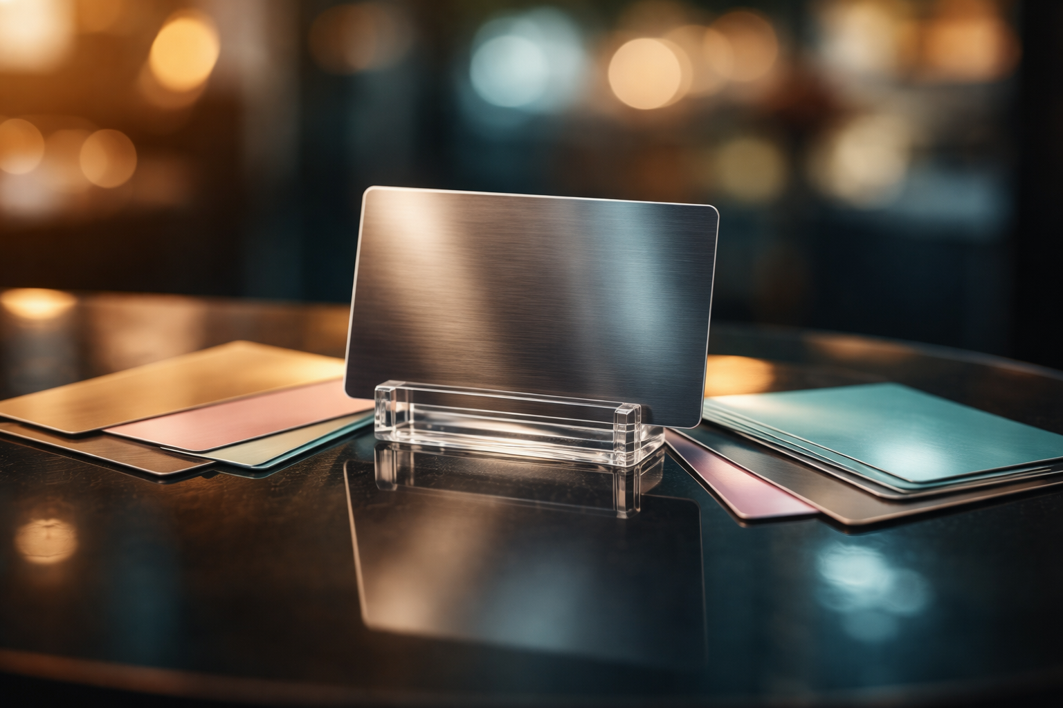 A matte silver unbranded loyalty card on a dark reflective glass surface surrounded by glossy blank coloured voucher slips, with warm rim light and cool highlights and soft store bokeh above; the bottom of the frame is kept empty.