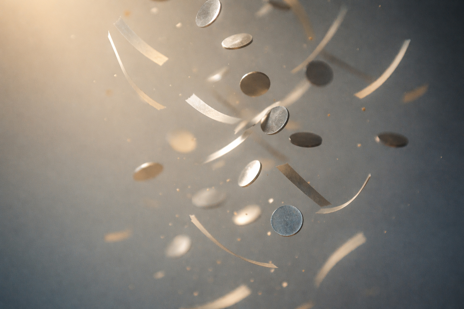 Close-up motion shot of matte metallic discs and thin paper strips falling and tracing soft blur trails against a muted slate-blue to warm-beige gradient, the main cluster centered in the upper two-thirds with the bottom area left uncluttered.