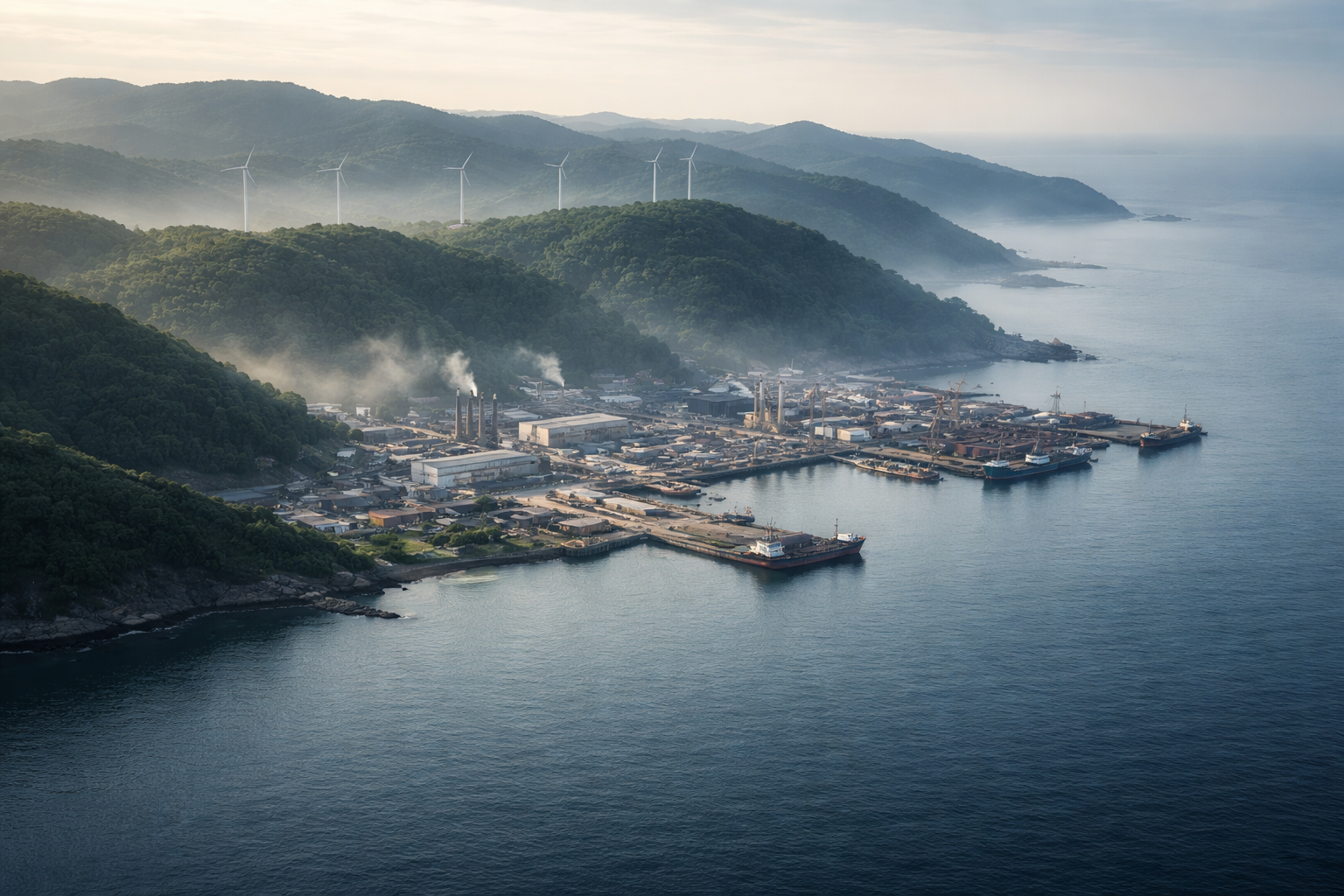 High-angle aerial image of a coastal industrial bay at dawn: green hills with wind turbines overlook a small harbour and clusters of factories, with the main scene in the upper two-thirds and calm open water in the lower third.