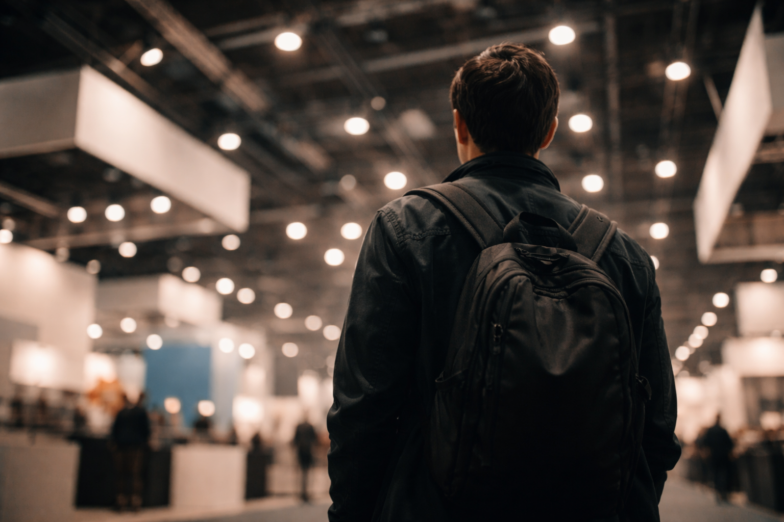 Low-angle photo of an anonymous trade-expo attendee seen from behind, shoulders and head in the upper two-thirds as they look up toward suspended unbranded exhibition booths and warm spotlights, with the lower third empty and out of focus.