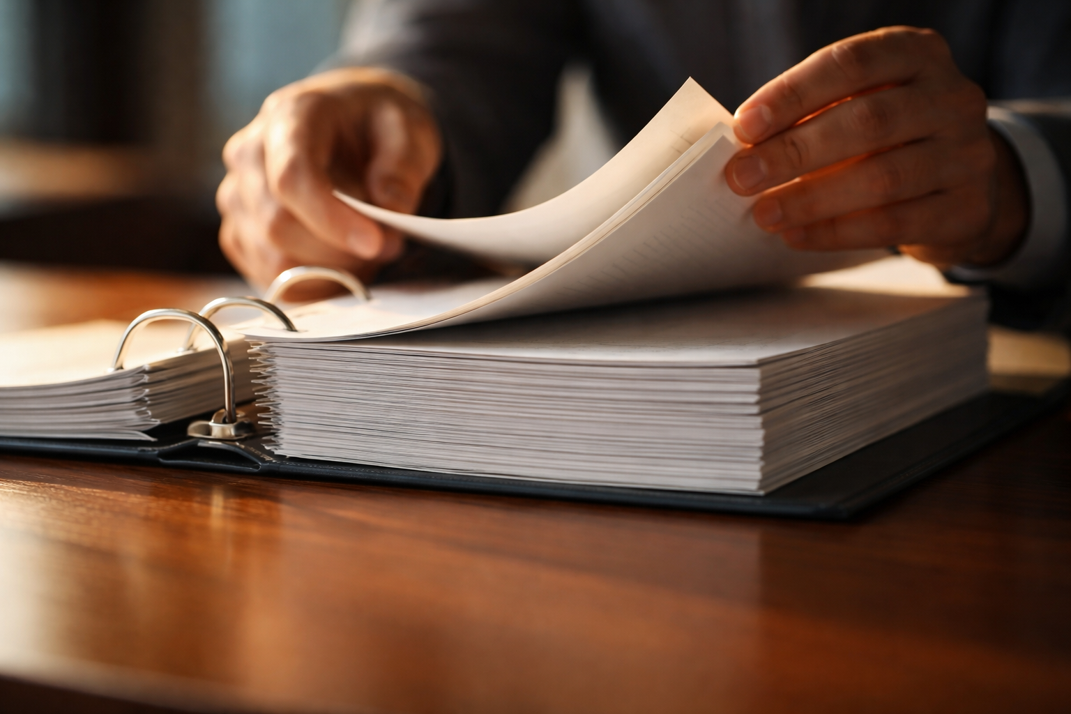 Close motion-focused image of anonymous hands flipping pages of a thick unbranded binder on a conference table, with motion blur on the hands and soft warm side lighting; the bottom third of the frame is empty.