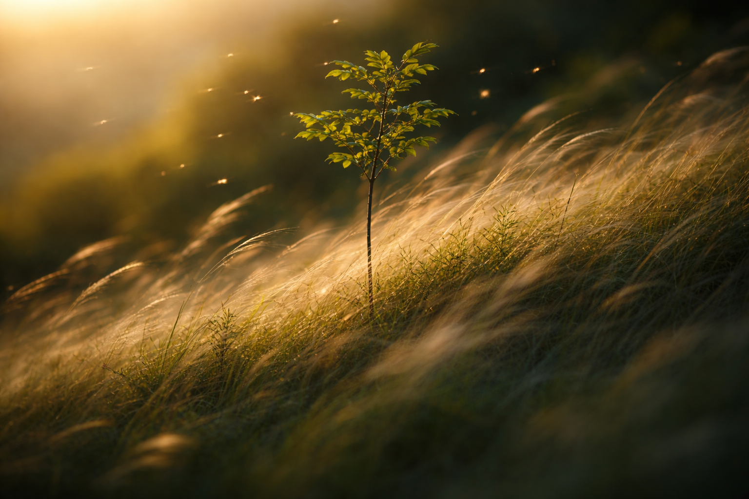 A backlit young sapling stands centered in the upper two-thirds on a windswept hillside, surrounded by motion-blurred tall grasses and drifting seed pods in warm golden-hour light; the lower third is soft, empty and uncluttered.
