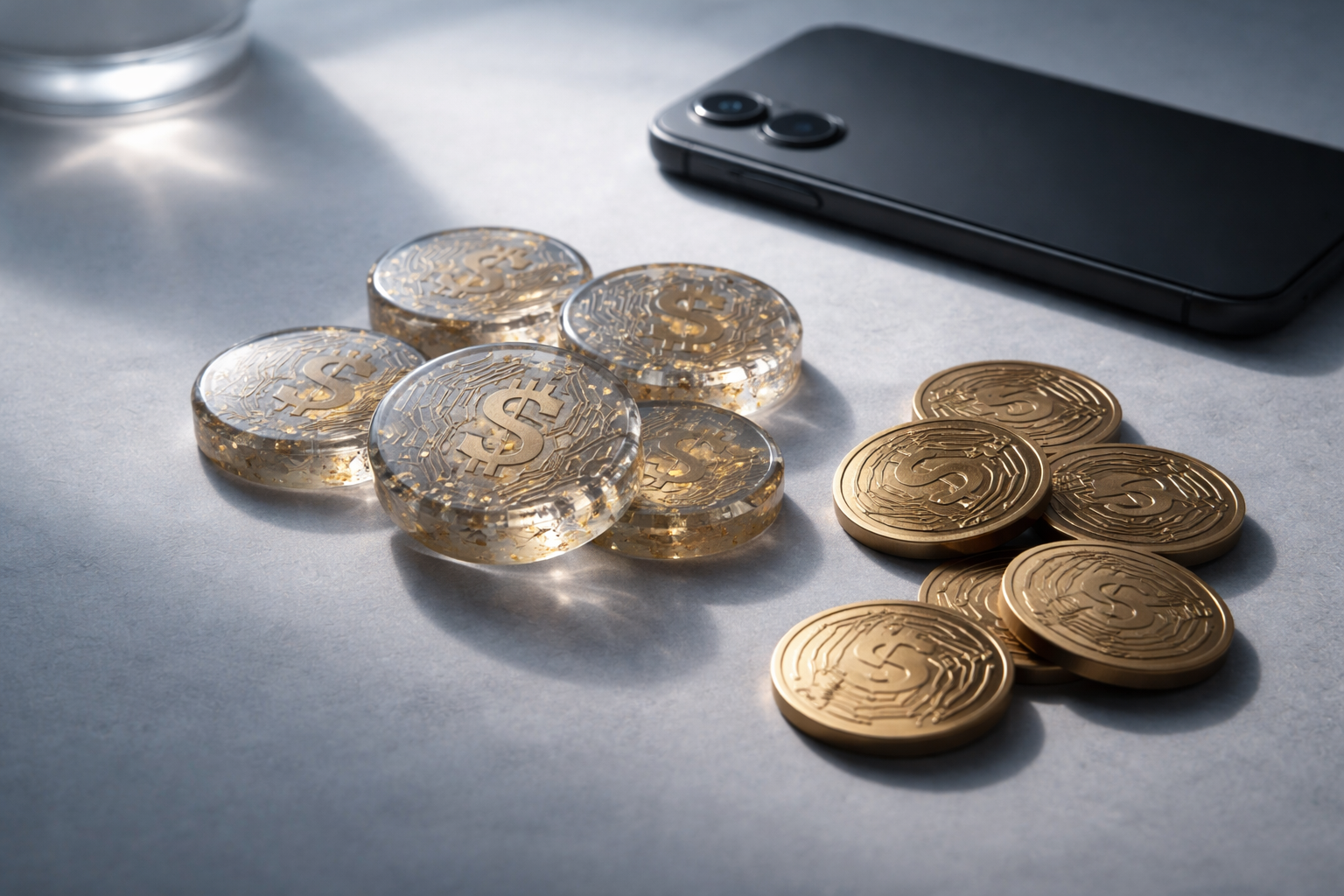 Top-down studio photograph of a tabletop with translucent resin tokens etched with circuit-like patterns, matte brass chips and a face-down black smartphone arranged in the upper two-thirds, soft cool-blue lighting and an empty lower third.