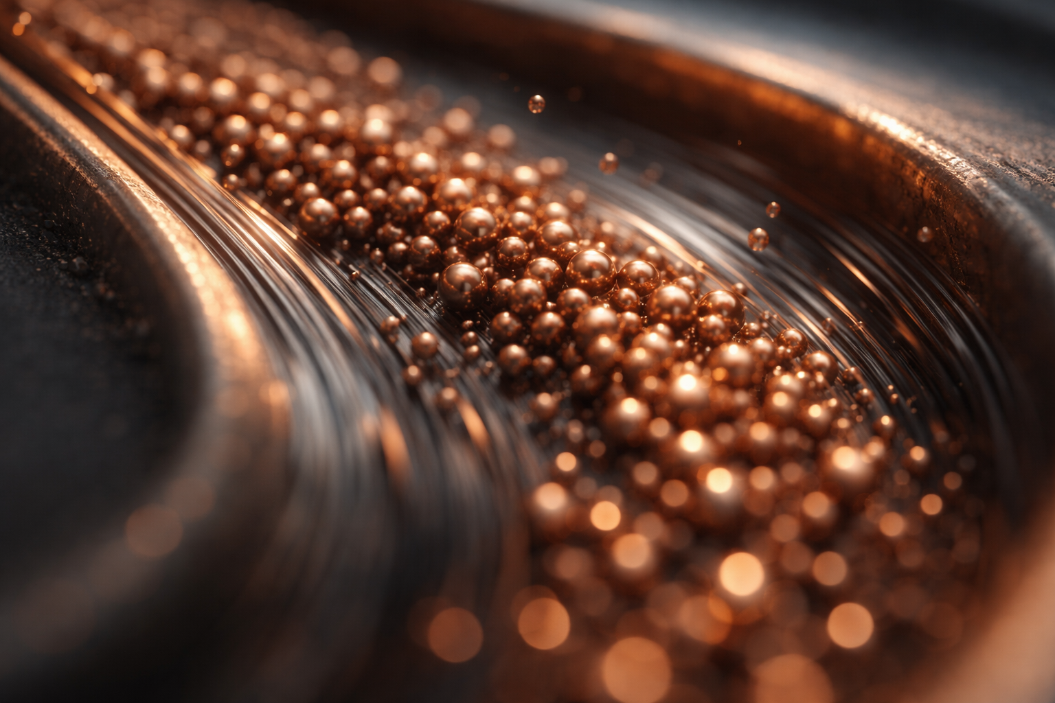 Extreme close-up of copper-toned metallic beads flowing through a curved channel, motion blur forming streaks and droplets against cool shadows, with the subject centered and the bottom third softly out of focus.