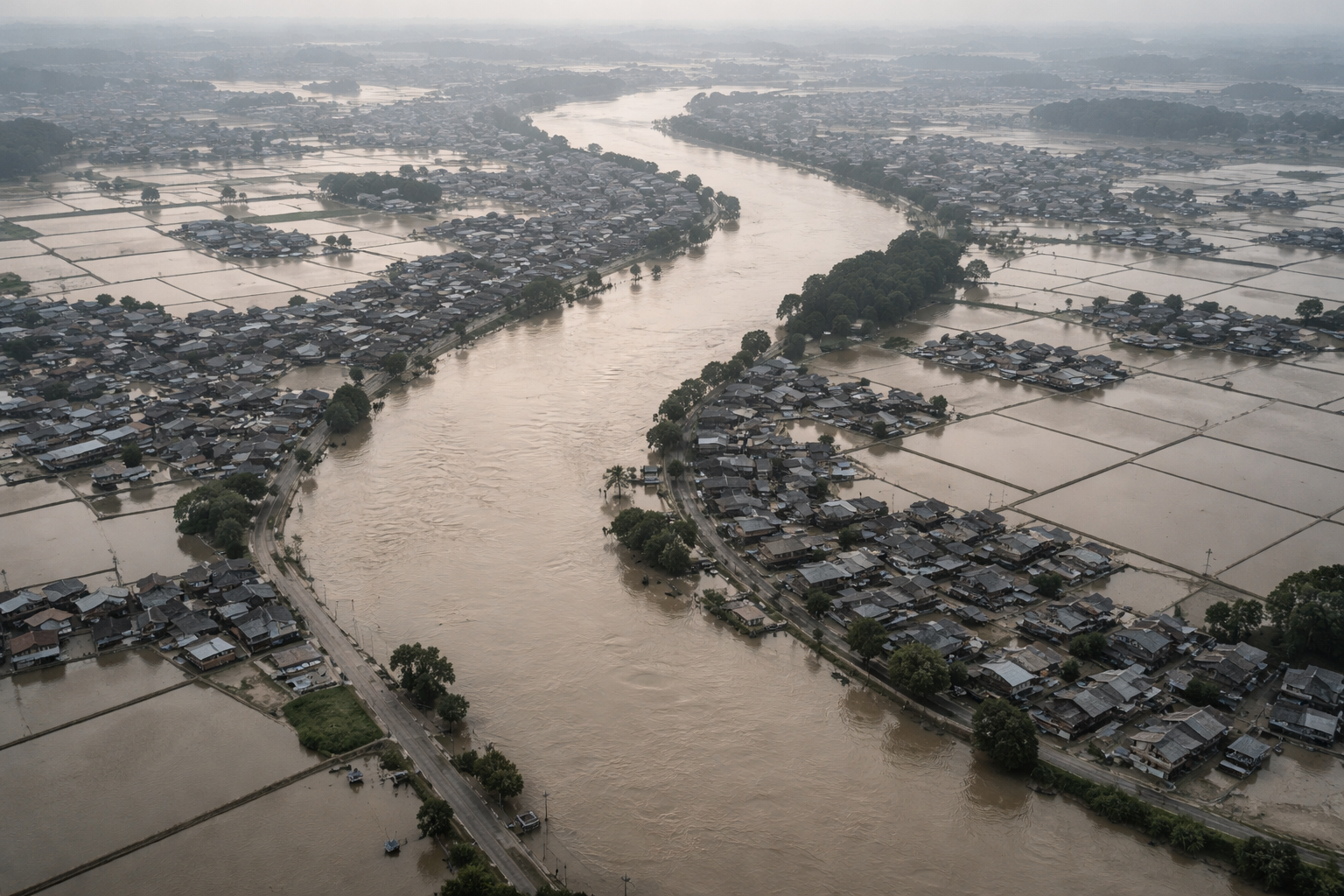 Aerial view of a swollen river winding through a flooded suburban area, with streets, low-rise buildings and fields partially submerged under grey‑brown water and soft overcast light; the lower part of the image is calm reflective water.