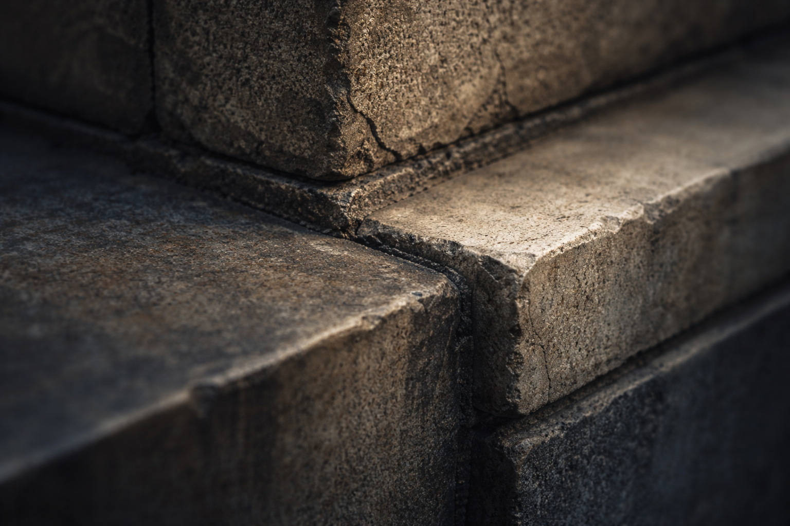 A detailed close-up photograph of a textured architectural surface—stone or concrete—lit to reveal fine surface variations and age.