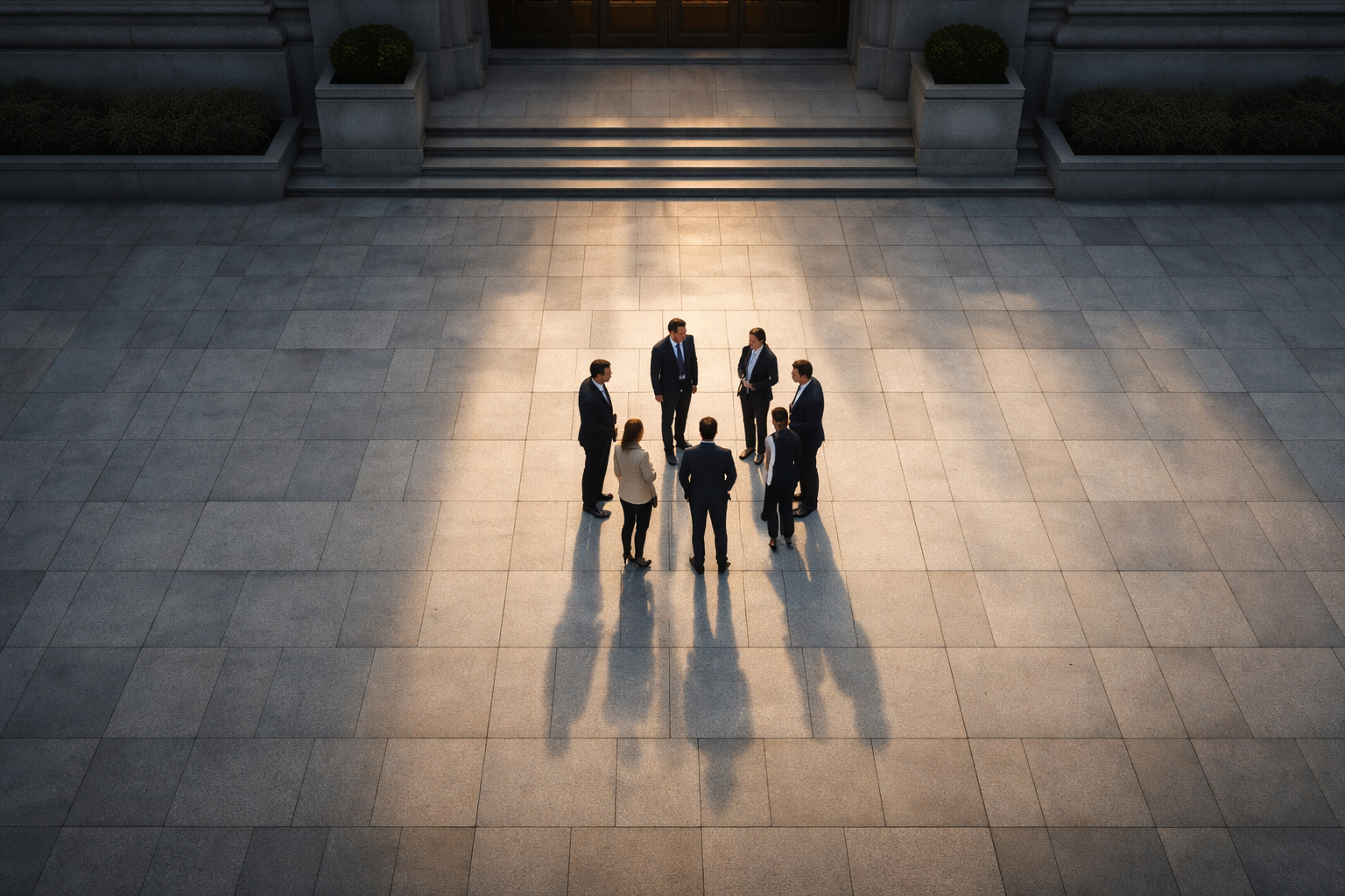 Aerial view from above showing small groups of anonymous professionals on a patterned stone plaza beside an unbranded institutional building, faces not visible, soft morning light and long shadows, with the lower third kept clear.