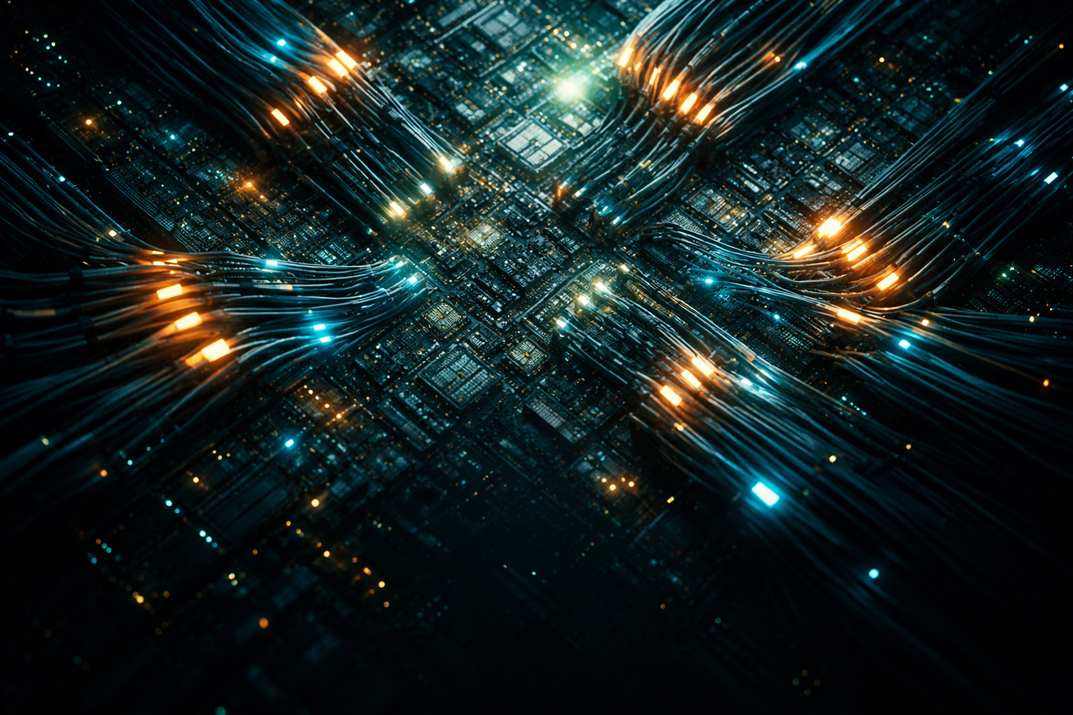 Top-down aerial macro image of densely packed server blades, circuit-board traces and bundled fiber-optic cables forming a glowing geometric network; cool blue-green tones with amber highlights, main subject kept in the upper two thirds and the lower third left dark and uncluttered.