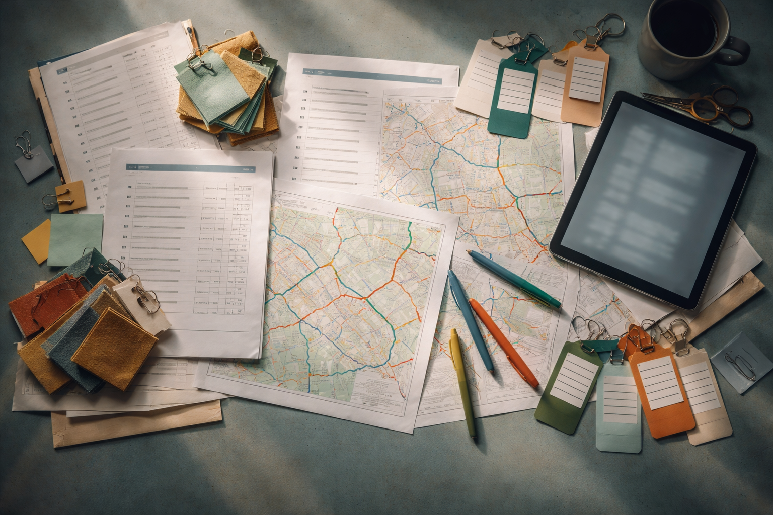 Top-down view of a tidy central arrangement of blurred or blank operational papers, fabric swatches, colored service tags and a tablet on a pale table lit by soft window light; the bottom third of the frame is intentionally empty.