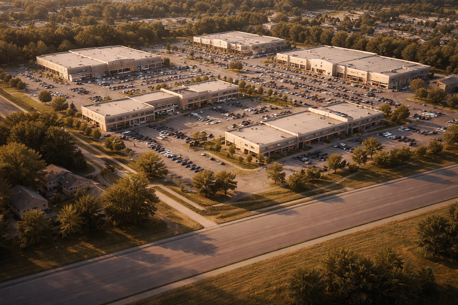 High-angle photo showing several unbranded grocery-anchored shopping centers and parking lots clustered in suburbia, centered in the upper part of the frame with an empty road and grassy verge in the lower third, lit by warm late-afternoon light.
