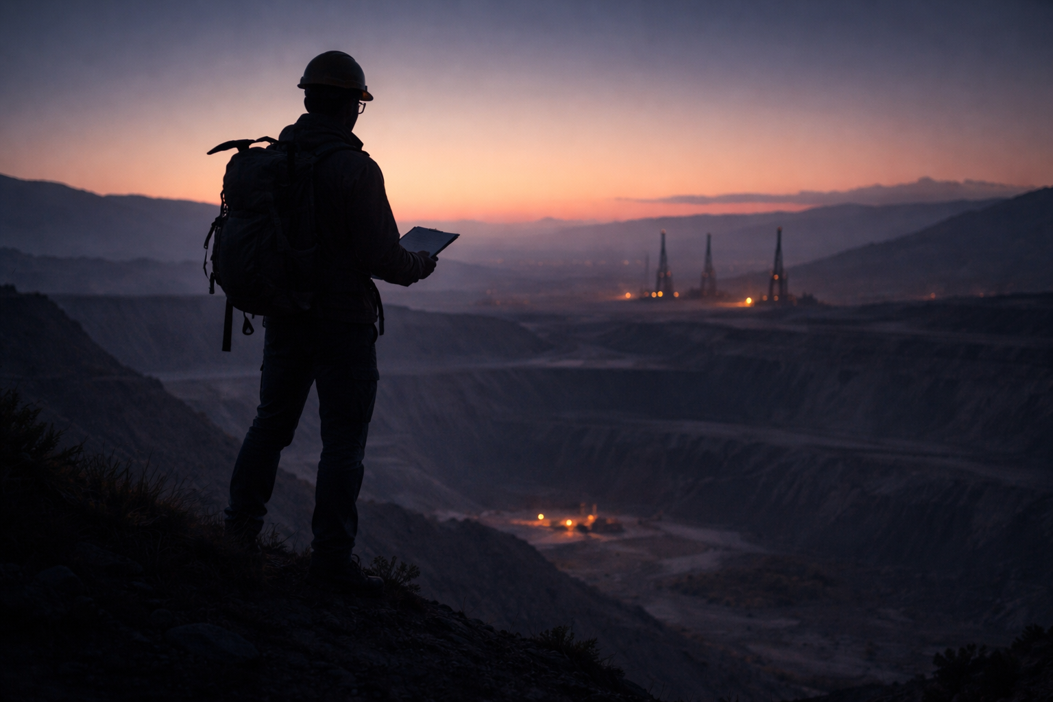 Silhouetted field geologist stands on a ridge at dusk, backlit against a deep blue-purple sky, overlooking an open-pit mine and distant drill rigs, with the lower third intentionally left empty.