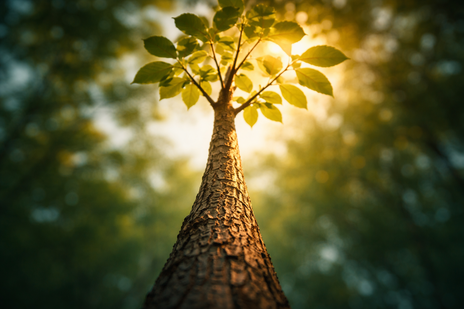 Low-angle photo of a young tree sapling with textured bark and upward-reaching branches, rim-lit by warm light against a soft blue-green background; the lower third of the frame is intentionally empty.