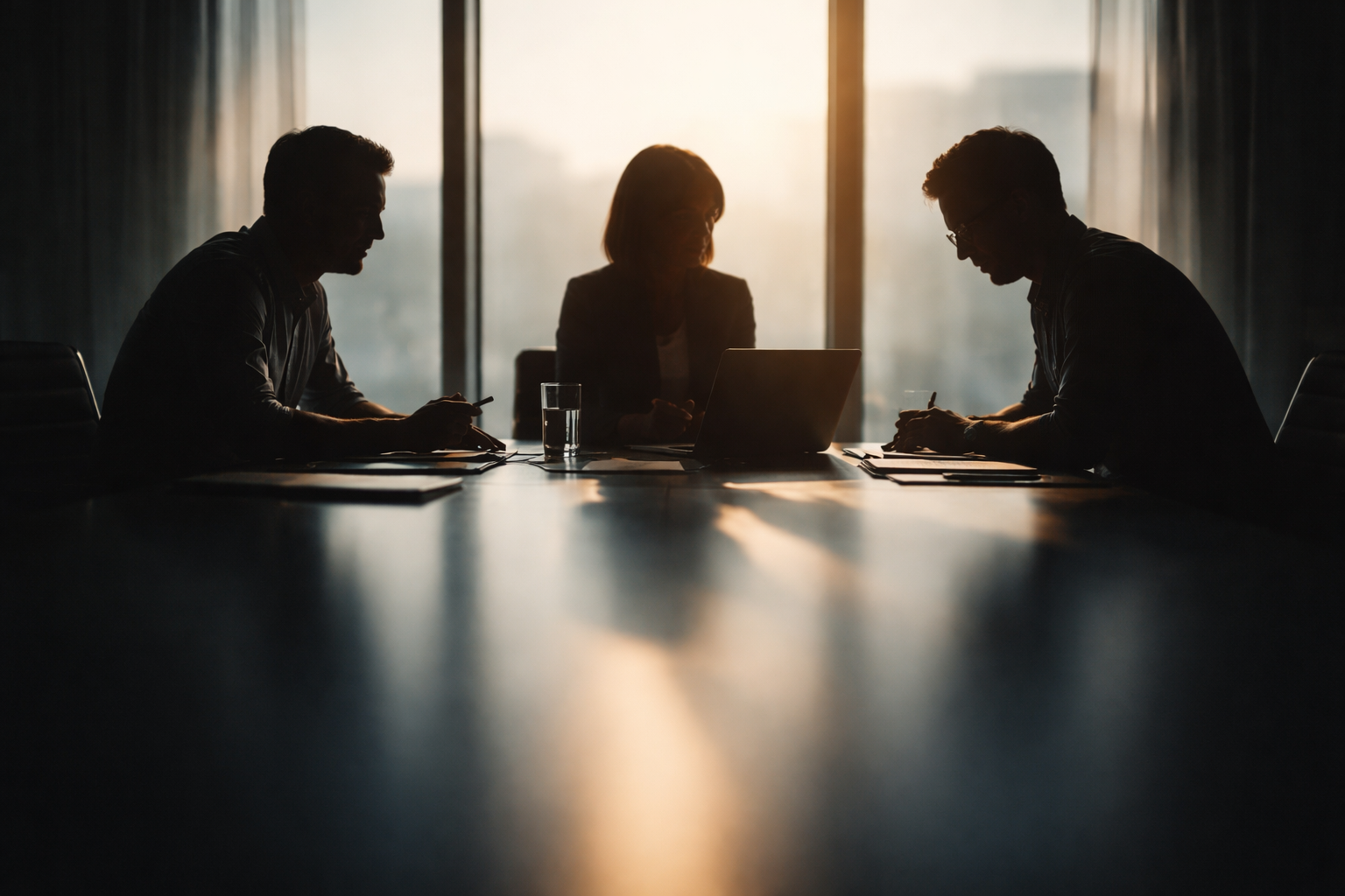 Three silhouetted people sit around a conference table backlit by late-afternoon city light through a large window; the group occupies the upper two-thirds while the foreground lower third is kept empty.