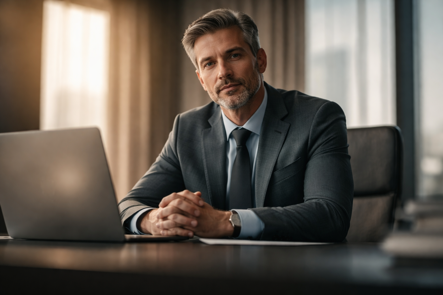 Low-angle portrait of a fictional corporate representative at a desk, lit by warm window light with a softly glowing, blurred laptop screen, subject occupying the upper two-thirds and the lower third left calm and dark.