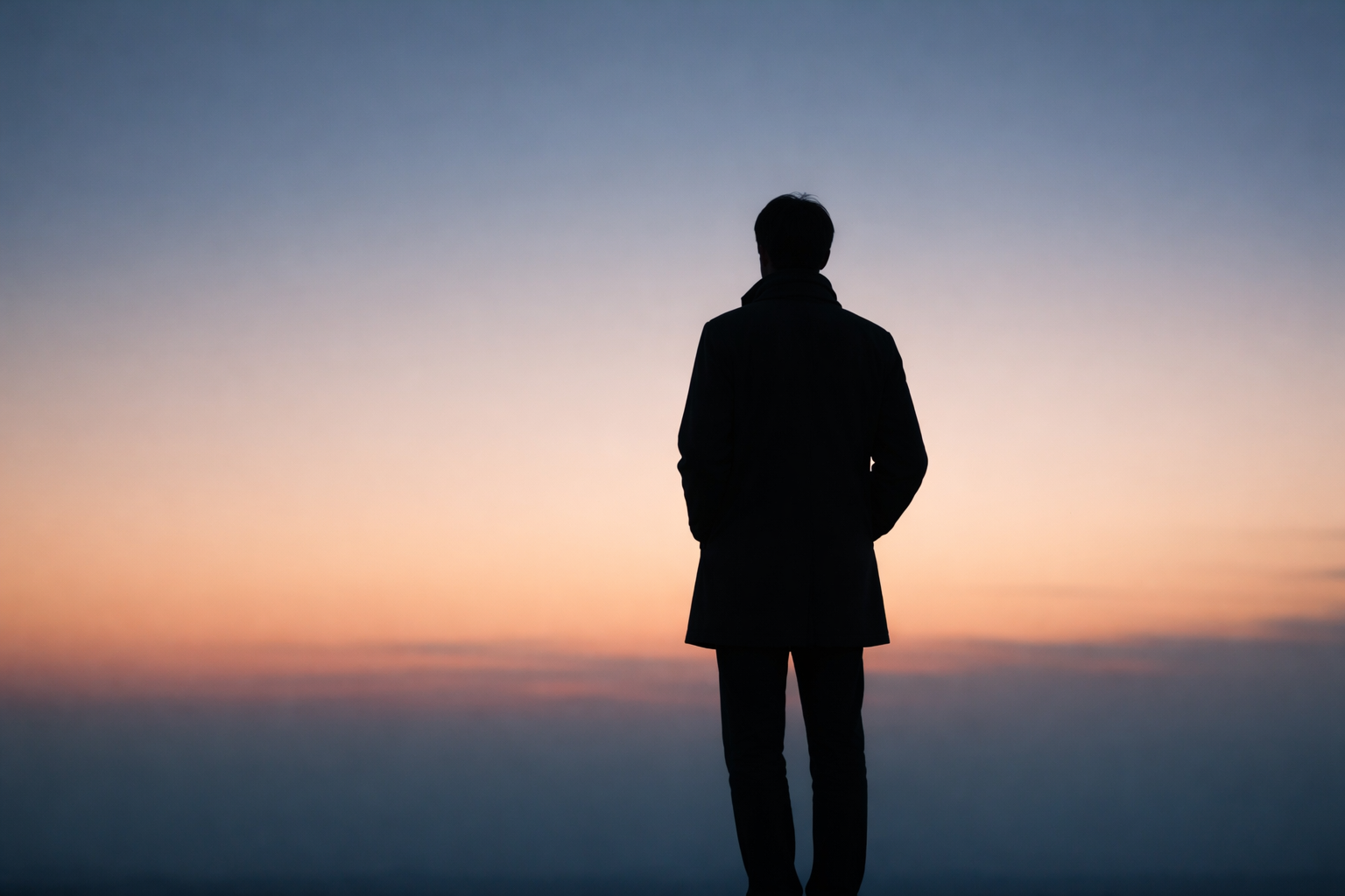 Silhouette of a solitary figure standing in profile against a soft sky at twilight.