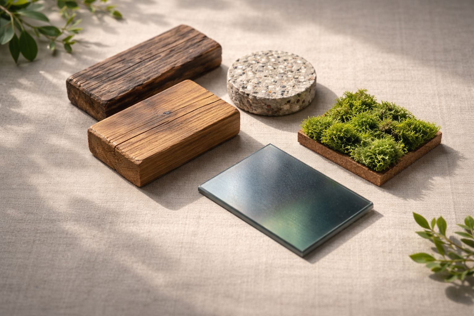 High-angle photo of assorted sustainable building material samples—reclaimed timber, a recycled-concrete puck, a living-moss swatch and a matte glass shard—clustered toward the upper two-thirds on a warm neutral surface with soft natural light and an empty lower third.