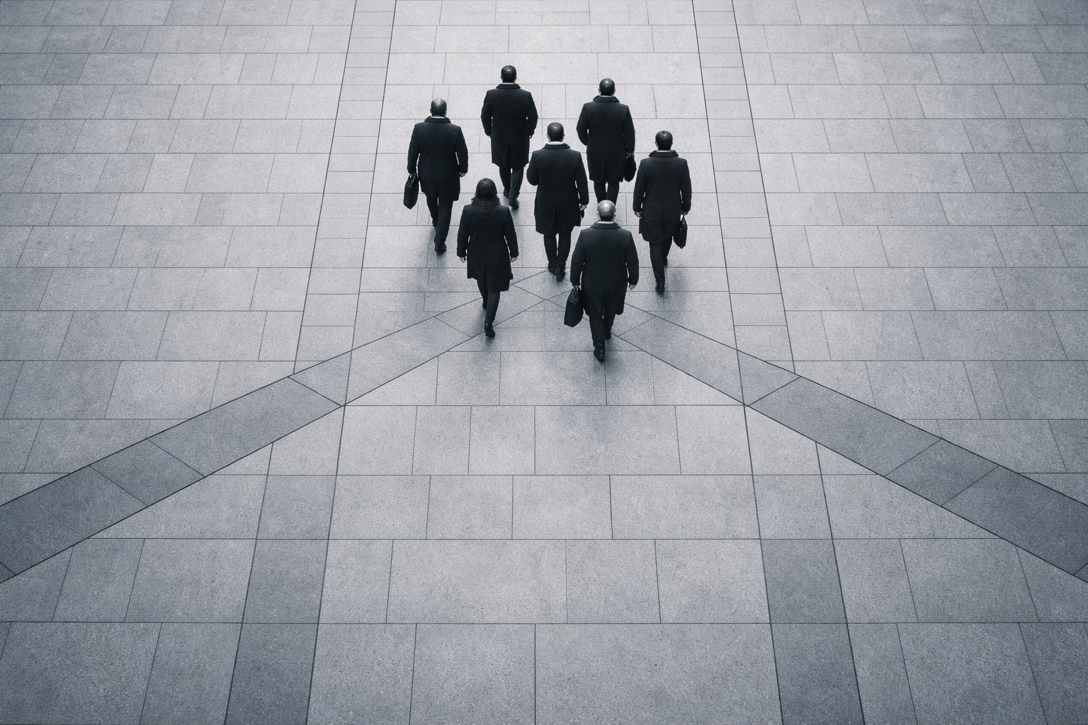 High aerial photograph of several anonymous people in dark coats crossing a stone plaza, faces indistinct, with strong geometric paving lines and muted overcast light; the bottom third is left uncluttered.