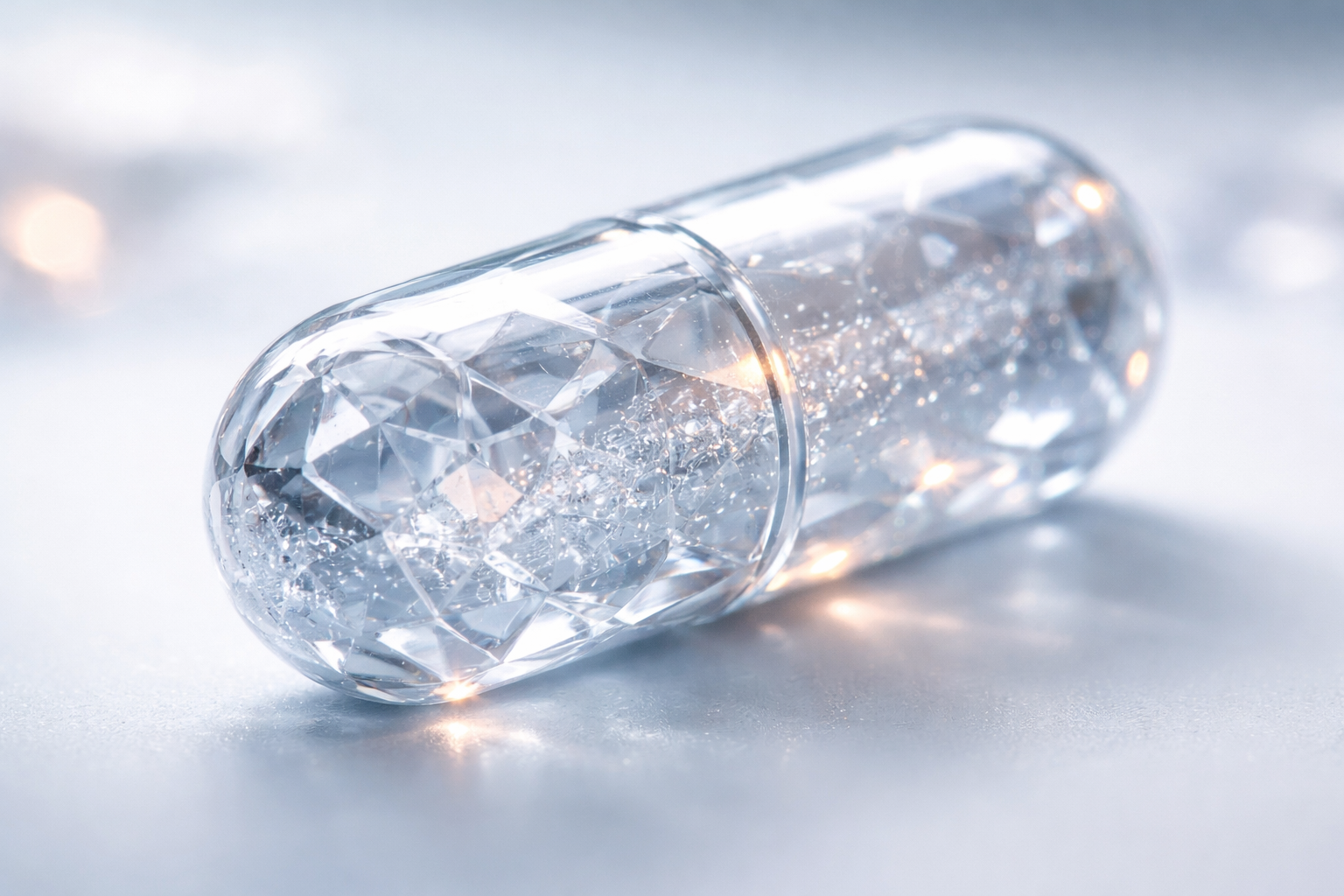 Extreme close-up of a translucent pharmaceutical capsule with geometric facets and soft highlights, symbolizing precision and scientific innovation.