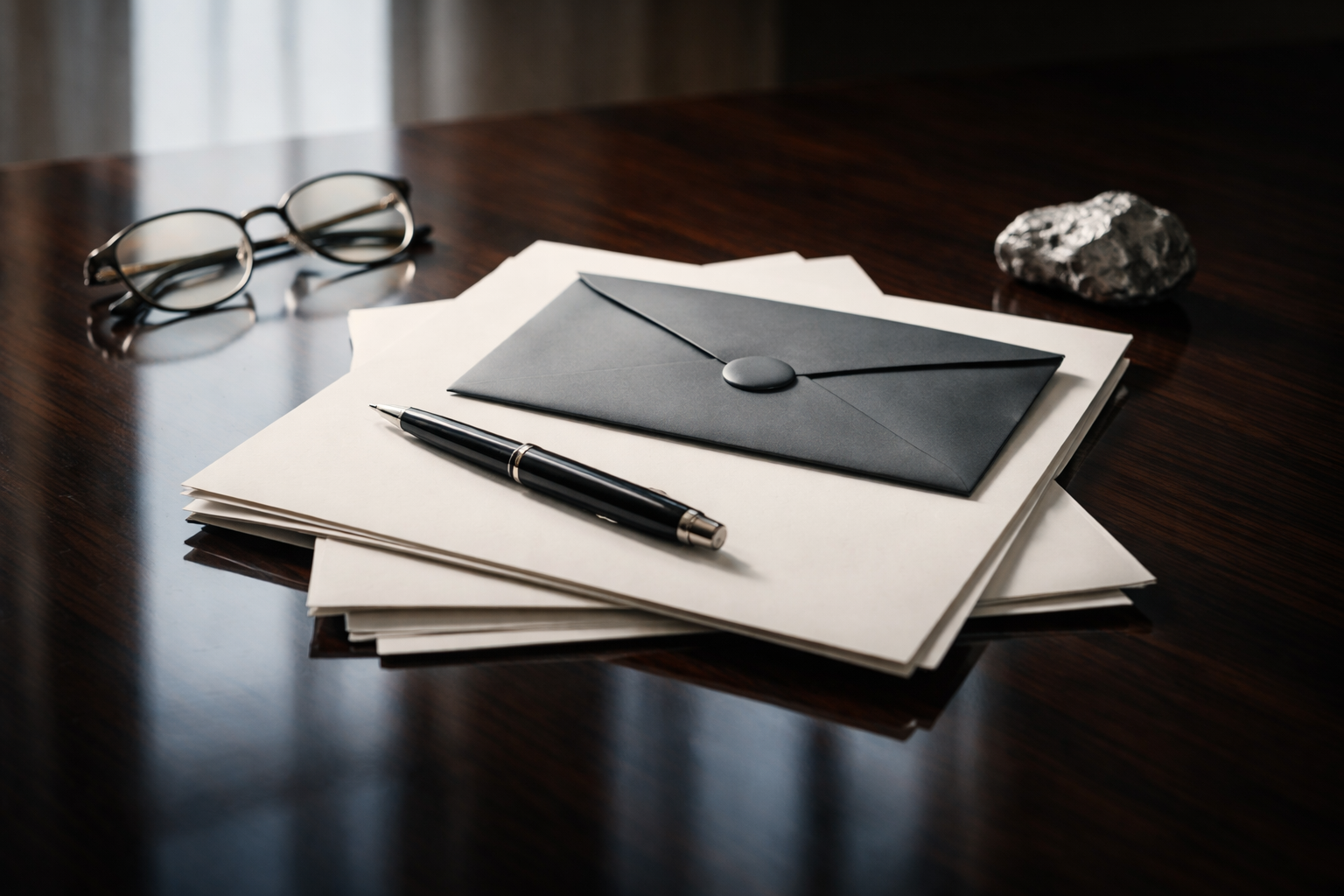 Low-angle reflection shot of blank legal papers, a sealed grey envelope, fountain pen, reading glasses and a small raw nickel ore specimen arranged on a glossy dark table; soft cool light, shallow depth of field, upper two-thirds occupied and bottom third uncluttered.