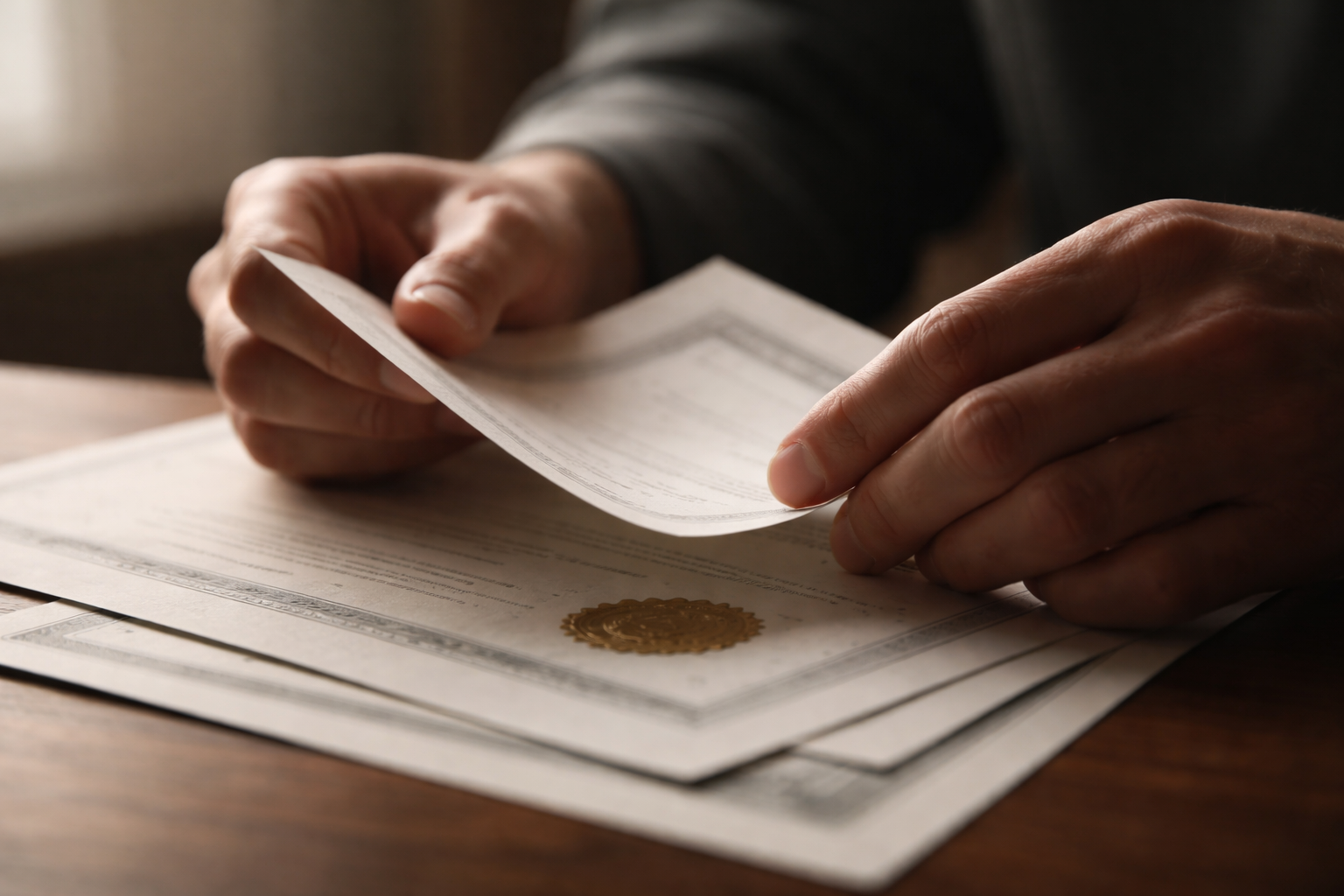 Close-up of an anonymous person's hands holding and examining official financial documents in natural light.