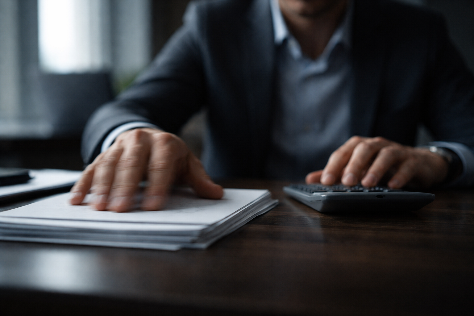 Tight motion-detail of a fictional financial professional's hands pushing a stack of blank, indistinct report pages across a dark wood desk, with a softly visible neutral face in the upper third and an out-of-focus laptop glow behind; the lower third is intentionally uncluttered.