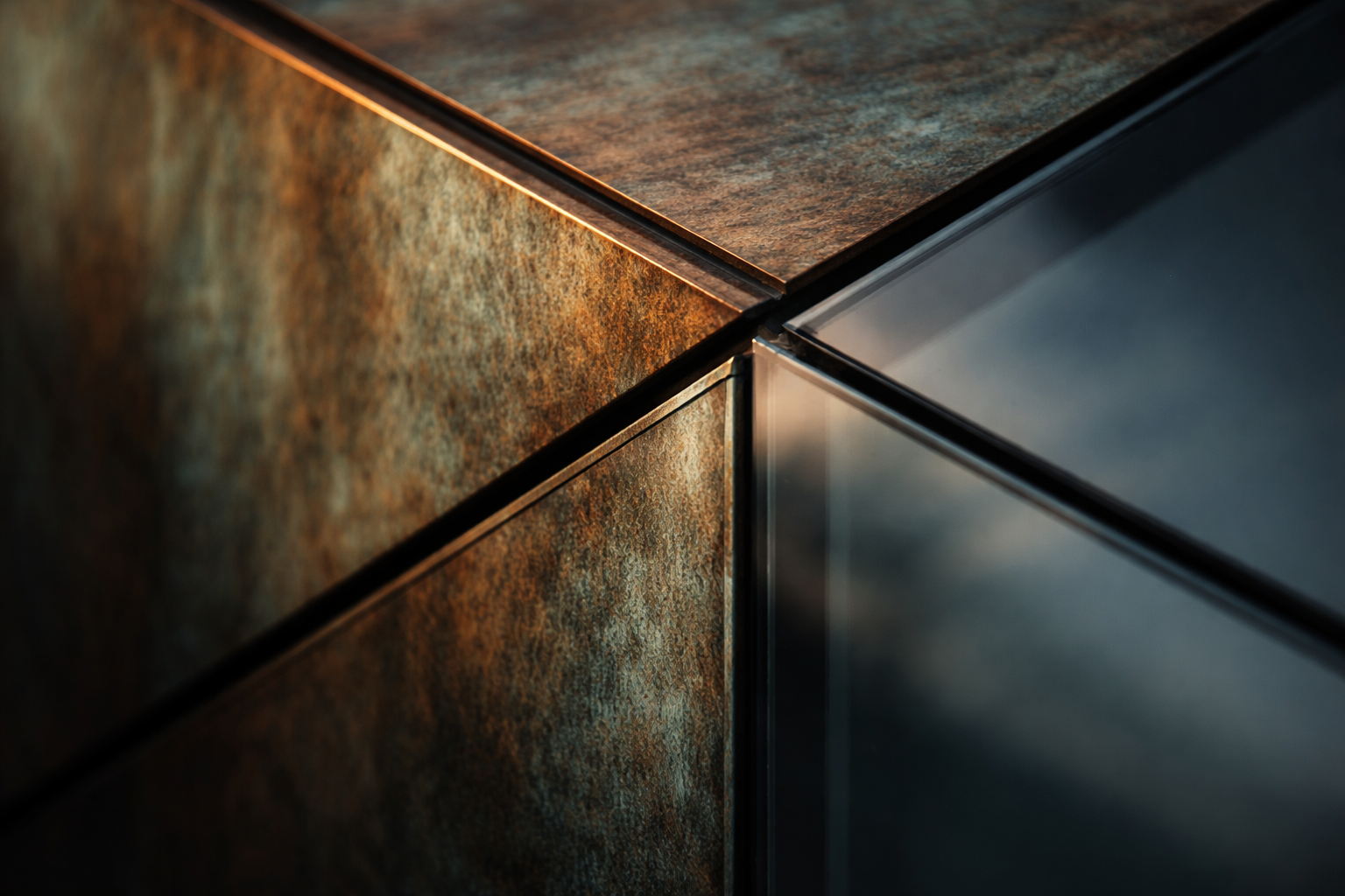 Macro close-up of an architectural detail showing weathered copper cladding meeting reflective glass on a diagonal, lit by warm side light with the main detail in the upper two thirds and a soft, uncluttered lower third.
