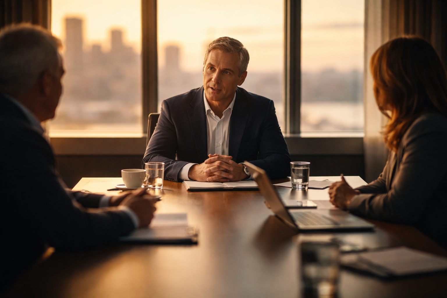 Wide-angle photo of three unidentified businesspeople around a meeting table, one speaking at the center-upper frame with soft golden-hour window light and a blurred generic cityscape outside, while the lower third is left darker and uncluttered for a headline band.