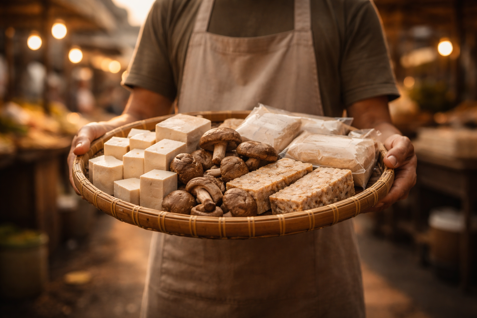 Low-angle photo of a fictional market vendor holding a woven tray of tofu, mushrooms and plain packages against a softly blurred dusk street market, subject centered in the upper part of the frame with the lower third left clear.