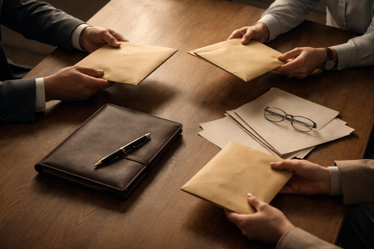 Overhead high-angle view of three sets of hands and forearms around a wooden meeting table exchanging sealed envelopes, a leather folio, fountain pen and glasses, warm muted lighting with the lower third of the frame left empty.