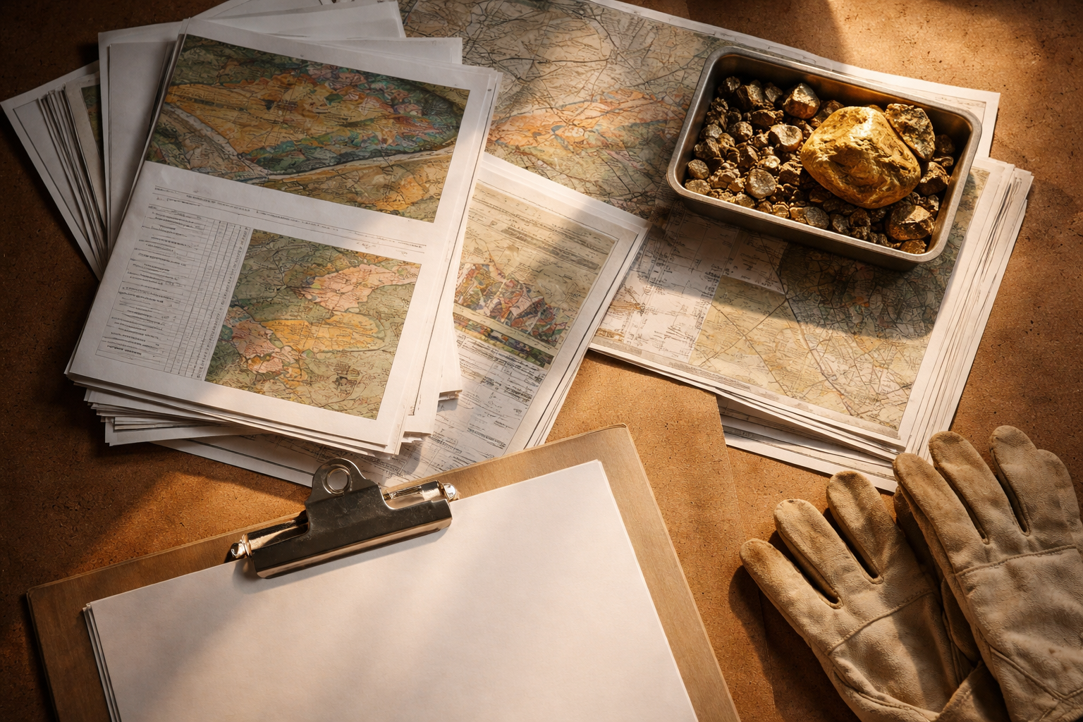 Top-down view of unbranded project reports and geological maps with a small tray of coarse gold ore and a single gold nugget, shot with warm light and a clear lower third.