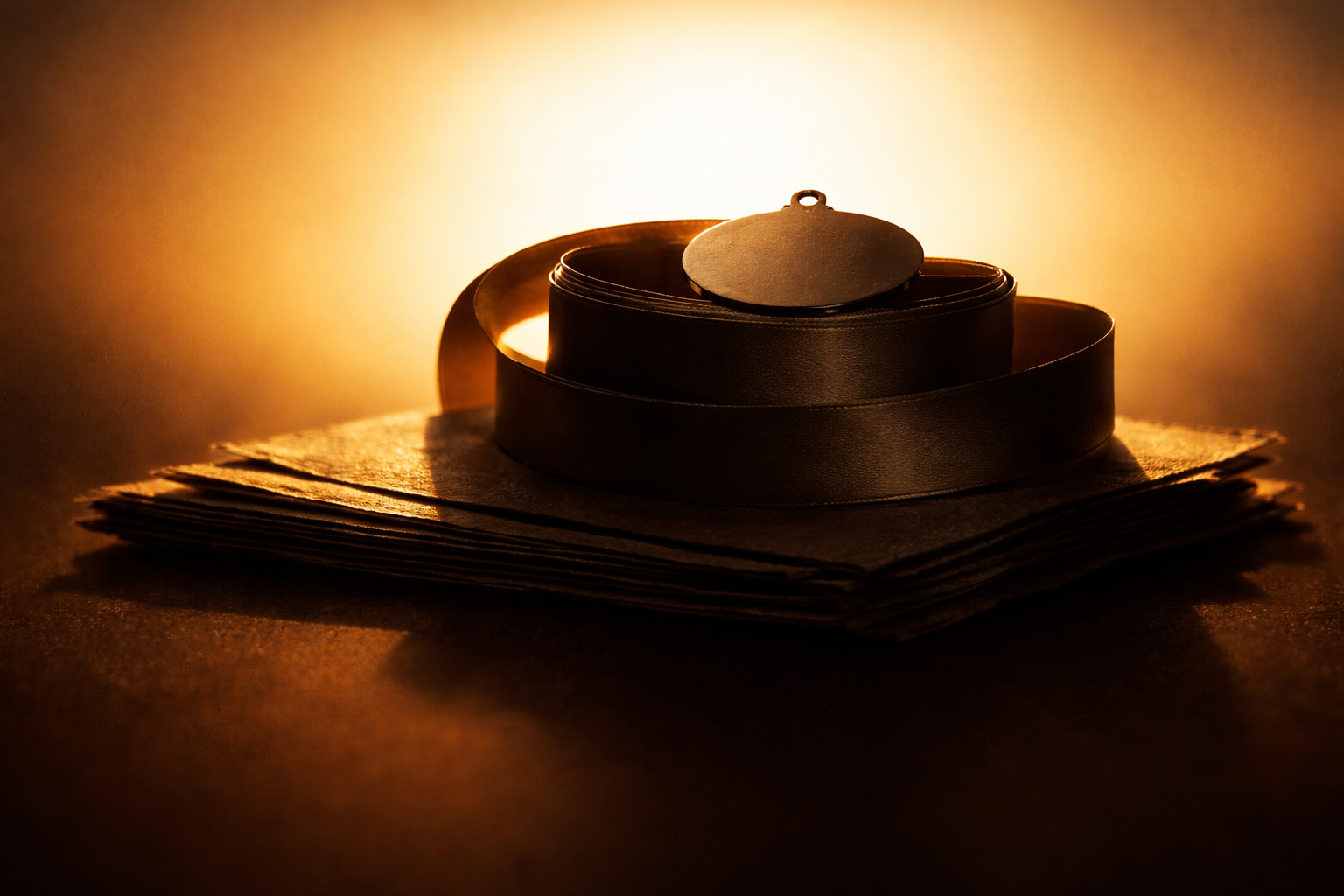 Backlit silhouette of layered ceremonial materials—rolled ribbons, a round medal-like disk and stacked textured paper—arranged mid-frame against a warm golden gradient, with the lower third left empty.