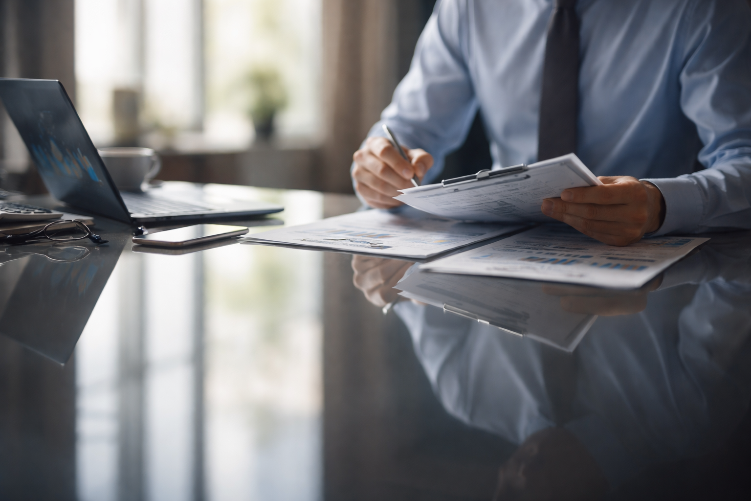 A desktop reflection shows a professional working with papers and analysis materials, lit by natural window light.