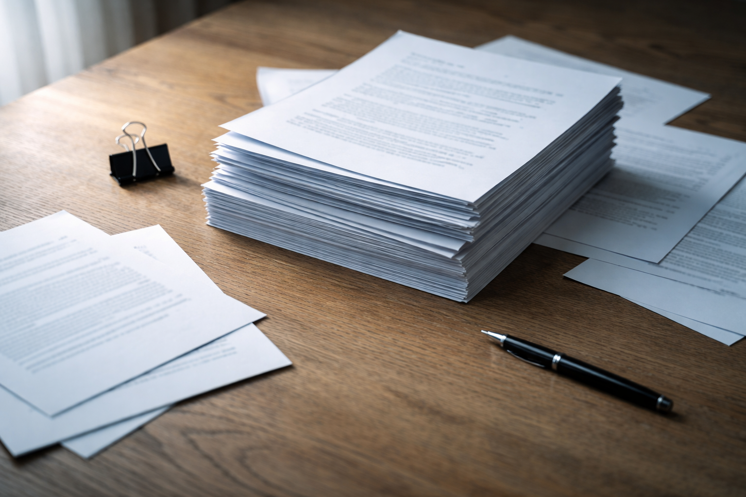 Wide overhead view of a stack of printed meeting pages and loose sheets on a wooden desk lit by soft window light, with a pen and blurred glasses in the background; the printed text is intentionally unreadable and the bottom third of the frame is clear.