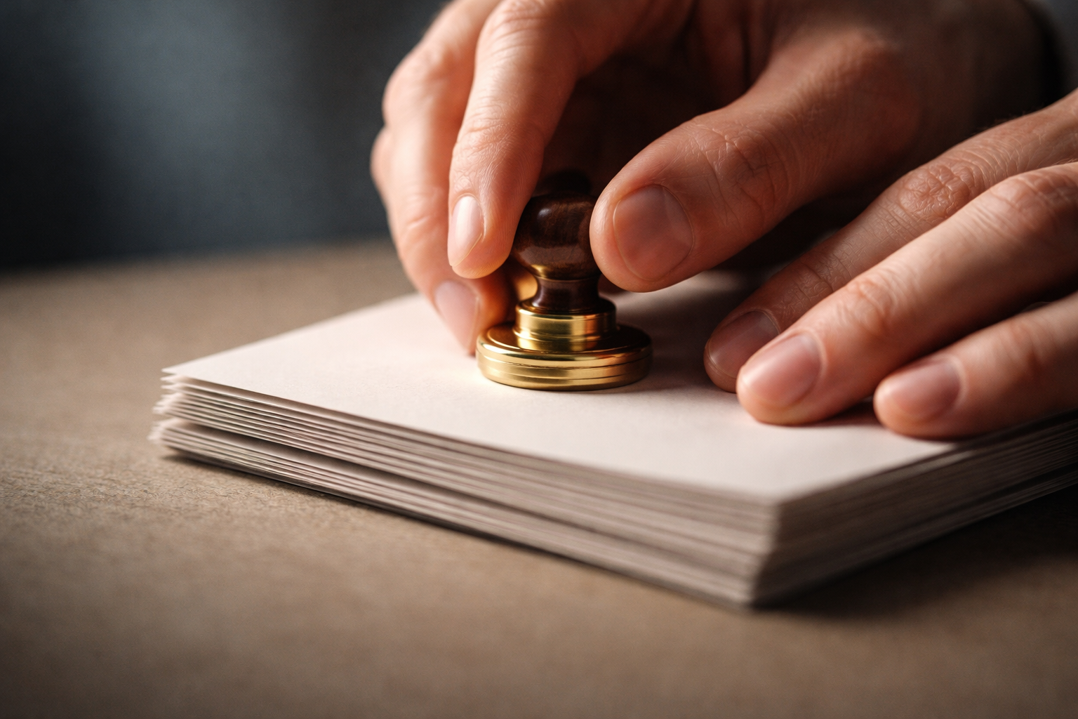 Macro close-up of anonymous hands pressing an unbranded brass seal onto a stack of plain papers, warm side lighting and shallow depth of field with the lower third kept soft and empty.