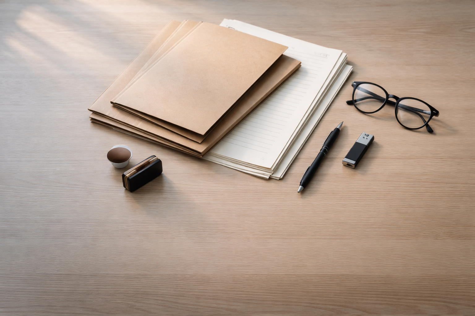 High-angle photo of a meeting table with unbranded kraft folders, thick off-white report pages, a wooden rubber stamp, a black pen, a USB stick and reading glasses arranged in the upper portion of the frame, with the lower third left empty.