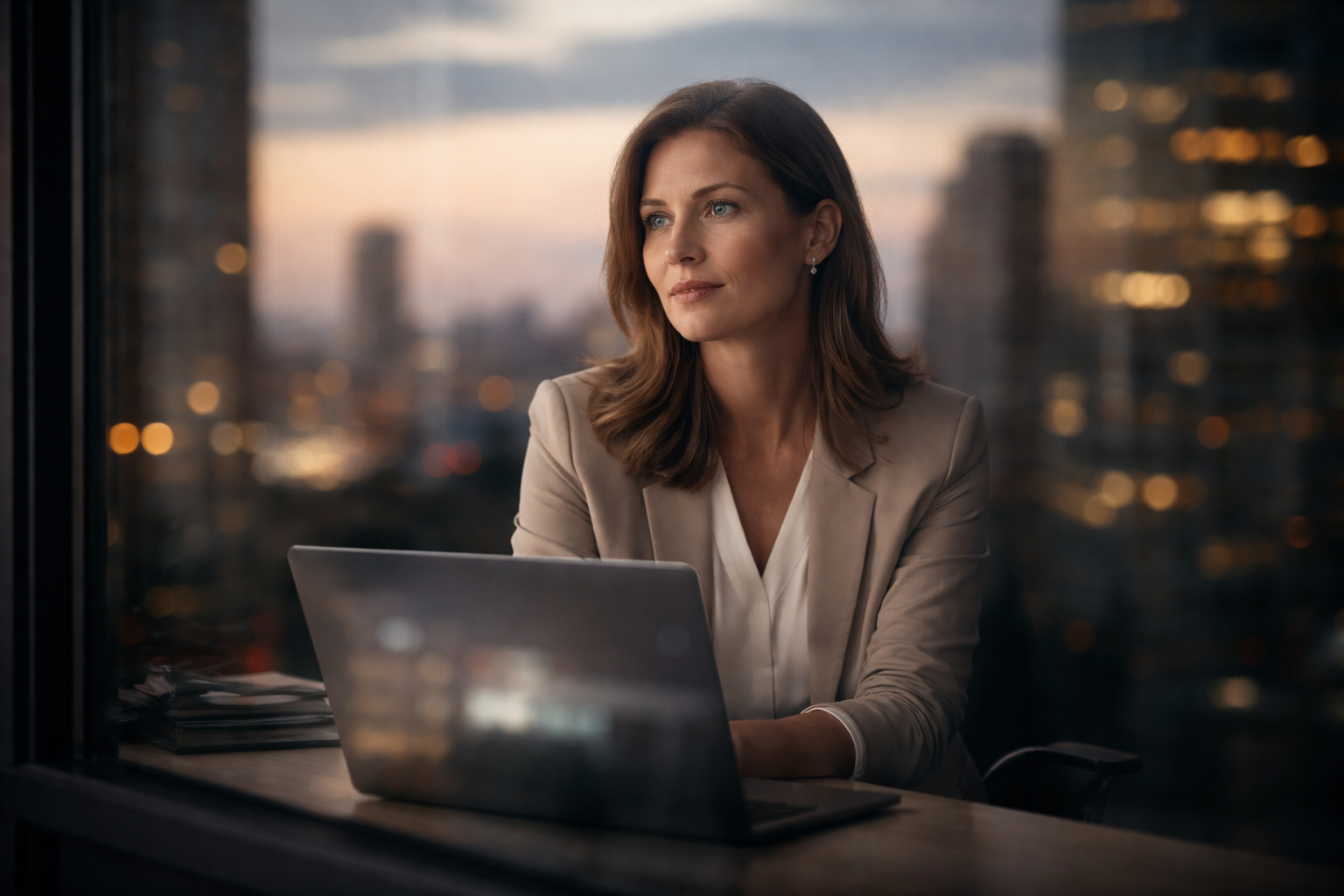A fictional professional's face reflected in an office window as she sits at a desk with a blurred laptop glow and muted city bokeh, centered in the upper two-thirds with the bottom left empty.