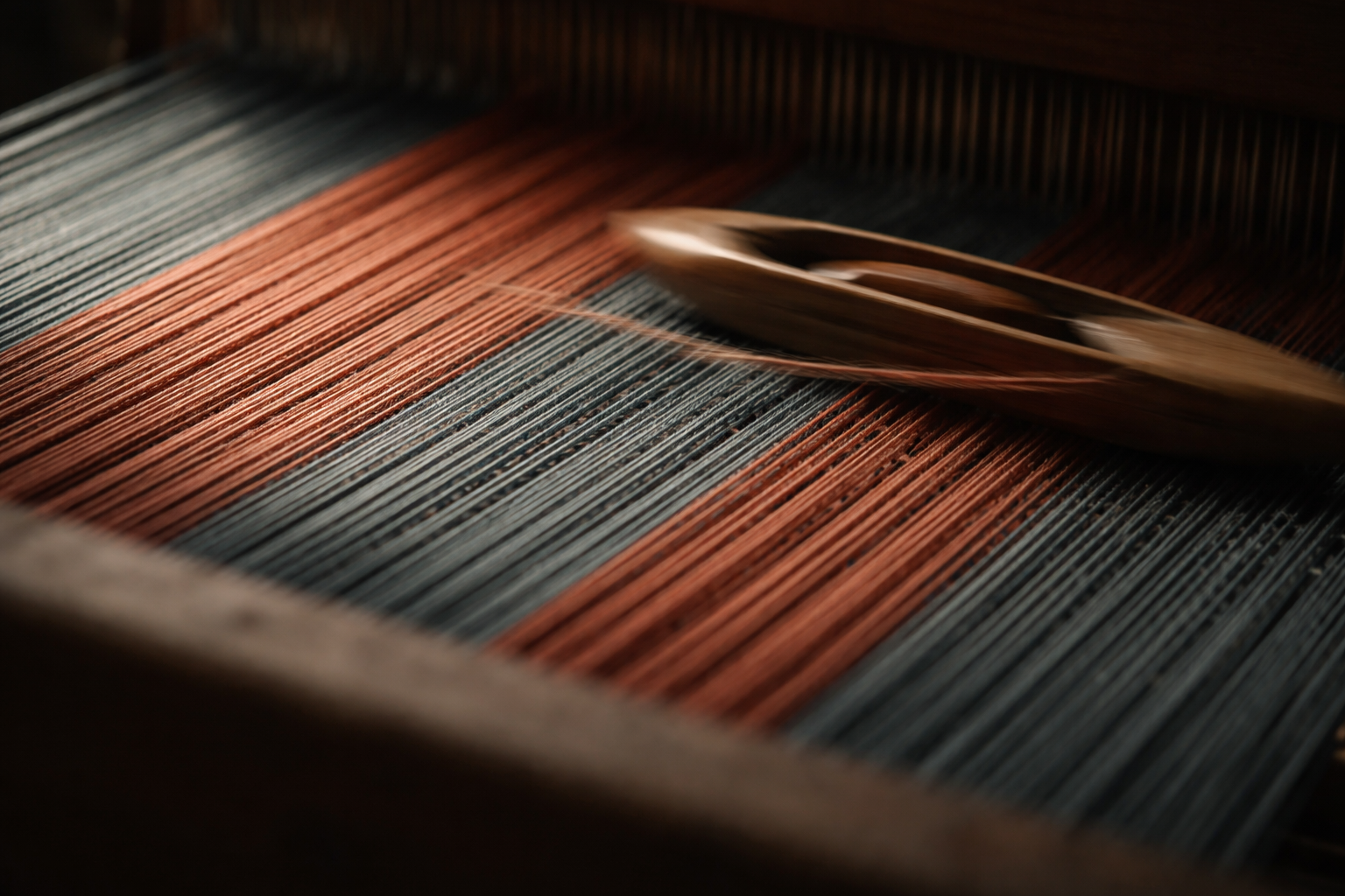Close-up of blue and red yarns on a wooden shuttle being woven, with motion-blur trails and sharp fiber detail, composed in the upper two thirds and an uncluttered lower third.