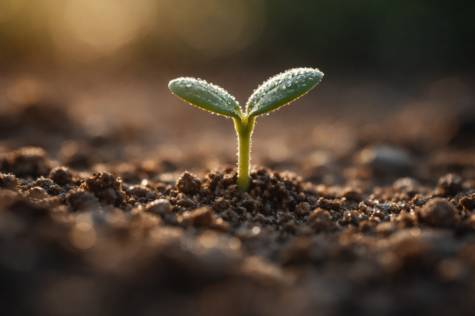 Macro photo of a dew‑tipped green seedling emerging from coarse soil and pebbles, sharply focused in the upper two‑thirds with a soft, warm blurred background and an empty, out‑of‑focus lower third.