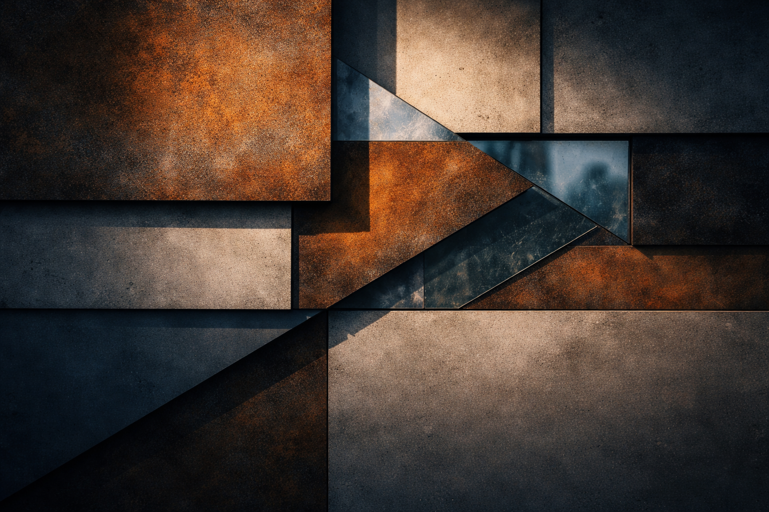 A wide abstract close-up of layered industrial materials—weathered corten steel, matte concrete tiles and fractured glass—arranged as a geometric mosaic centered in the frame, lit by warm late-afternoon light with deep cool shadows and a smooth, uncluttered darker lower third.