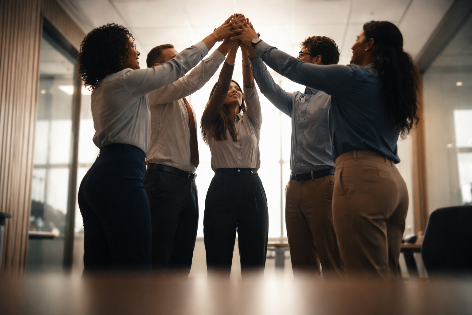 Low-angle view of a diverse group of office colleagues standing in a circle with hands joined overhead in a warmly lit meeting room; faces turned away or blurred, upper two-thirds filled, lower third left empty.