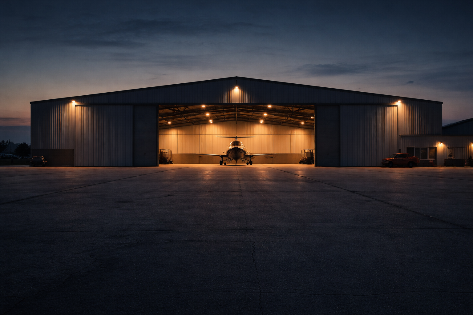 Wide dusk exterior of a modest aircraft hangar with its doors partly open, a generic small jet silhouetted inside and warm interior light against a cool blue sky, with empty tarmac in the foreground.