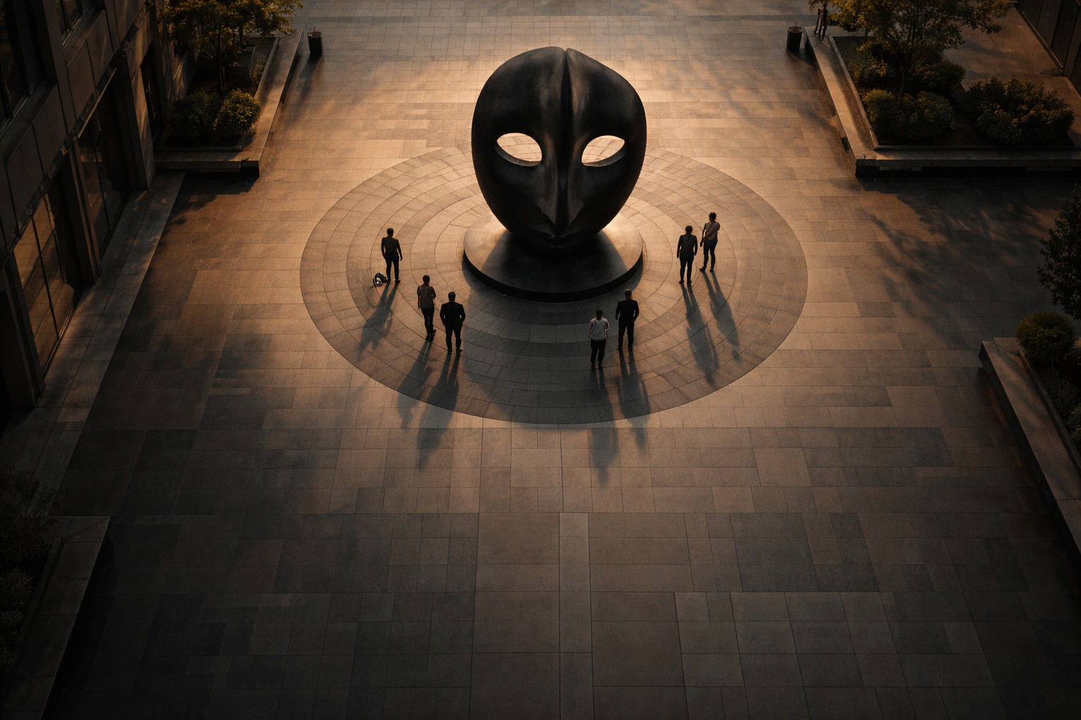 Aerial view of a modern city plaza with a circular dark sculptural installation in the upper two thirds, small anonymous faceless figures clustered around it, and an empty pale pavement foreground in the lower third.