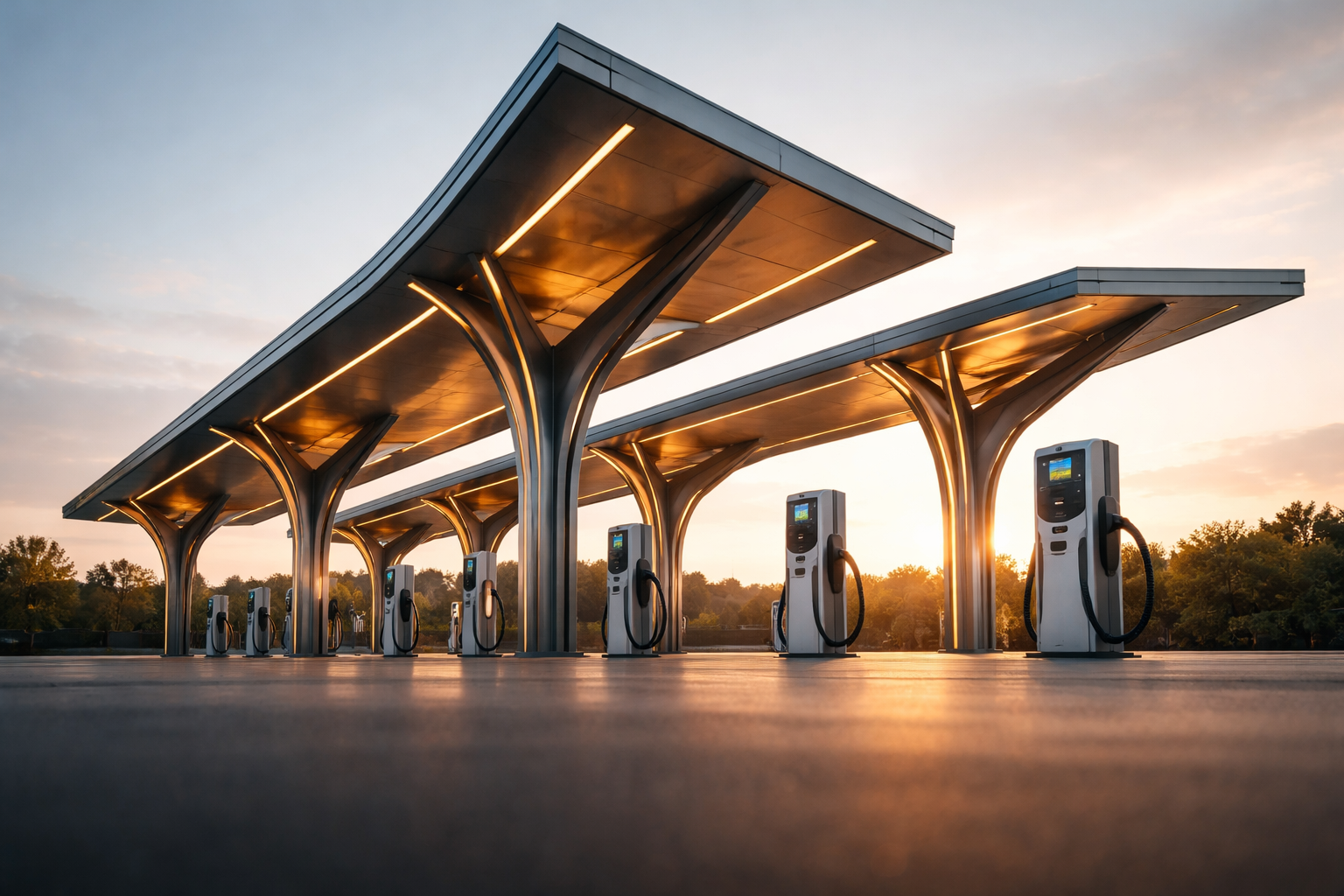 Low-angle view up at a modern, unbranded electric vehicle charging canopy and its support columns, warm golden-hour light against a soft blue sky, with an empty lower third and shallow depth of field.