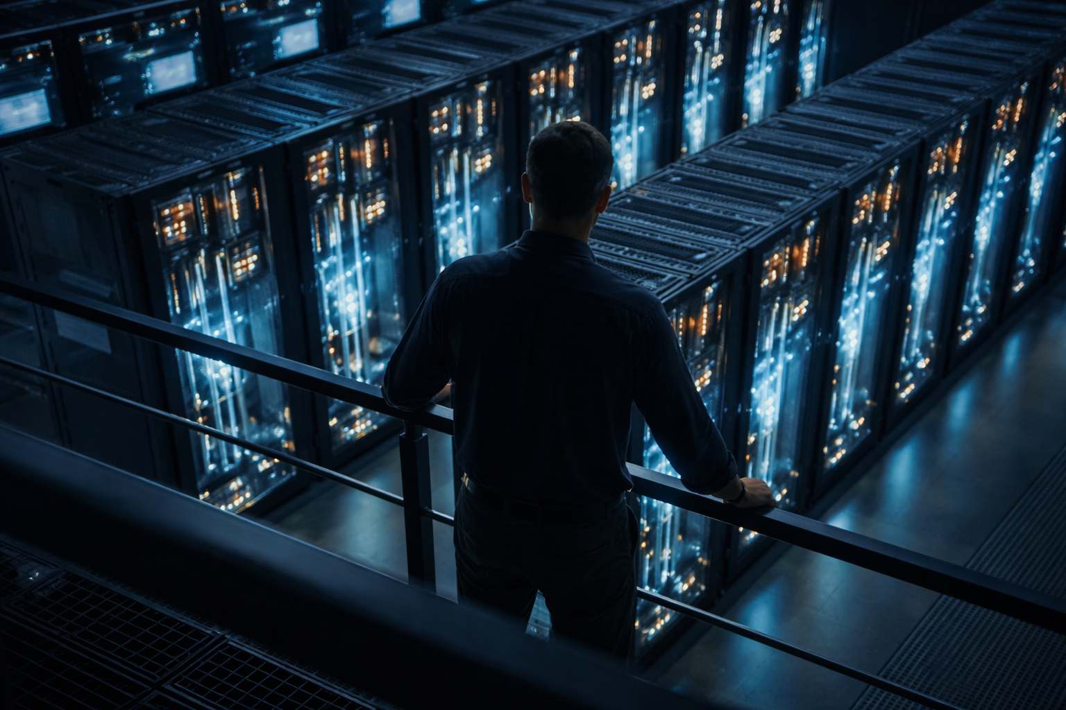 High-angle shot of a fictional data‑center site manager on a mezzanine looking down over liquid‑cooled server racks with visible coolant pipes and soft blue LEDs; the person occupies the upper two‑thirds and the bottom area is kept dark and empty for a headline band.