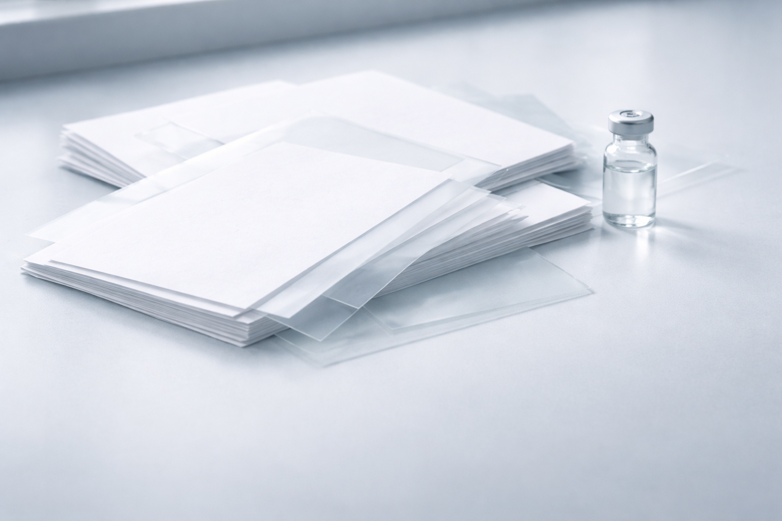 Unprinted clinical papers, translucent dividers and an unlabelled clear vial rest on a softly lit pale work surface.