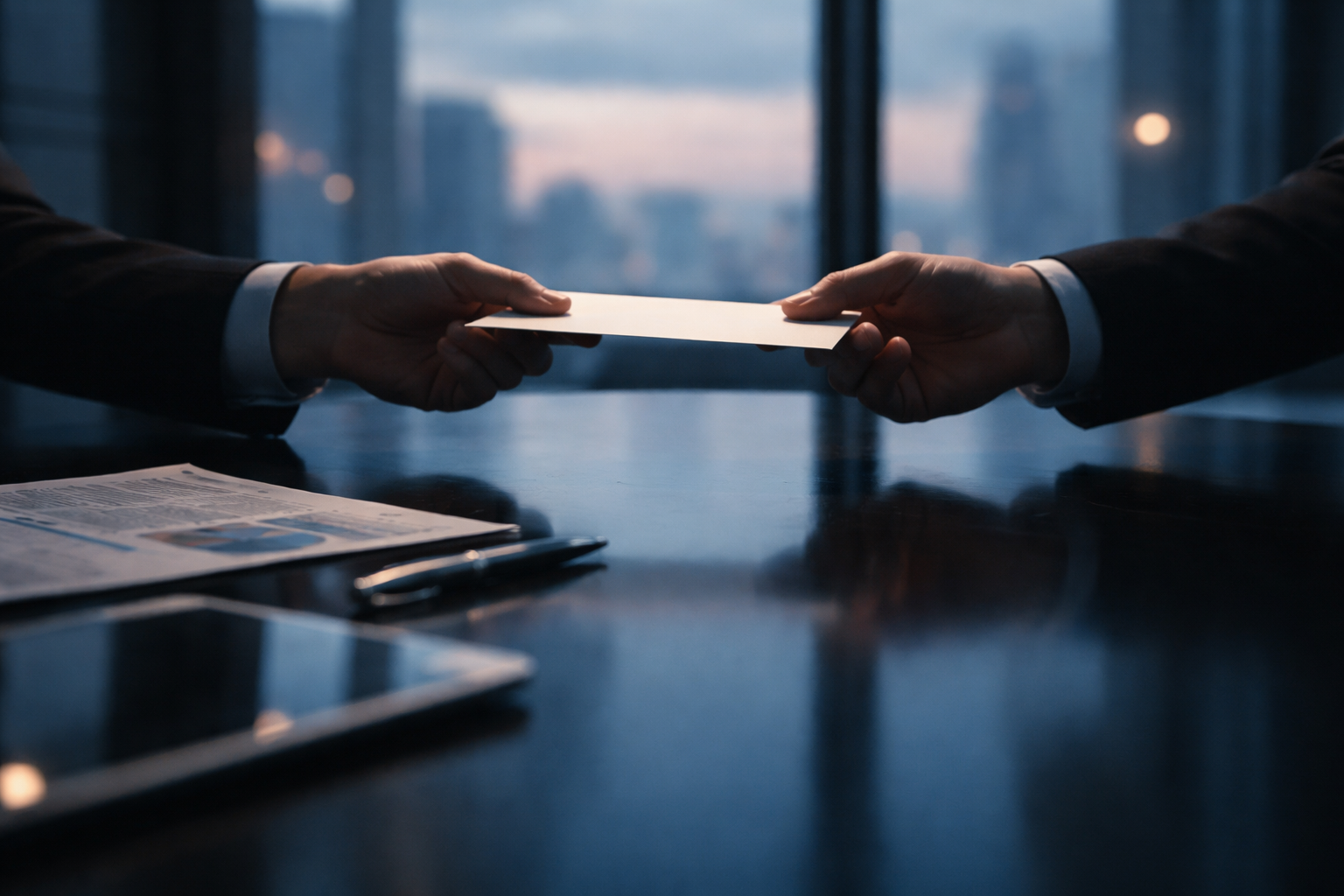 Reflection on a glossy conference table of two anonymous hands exchanging an envelope and a pen beside blurred financial papers and a tablet, with soft city-dusk light through windows and an empty lower third.