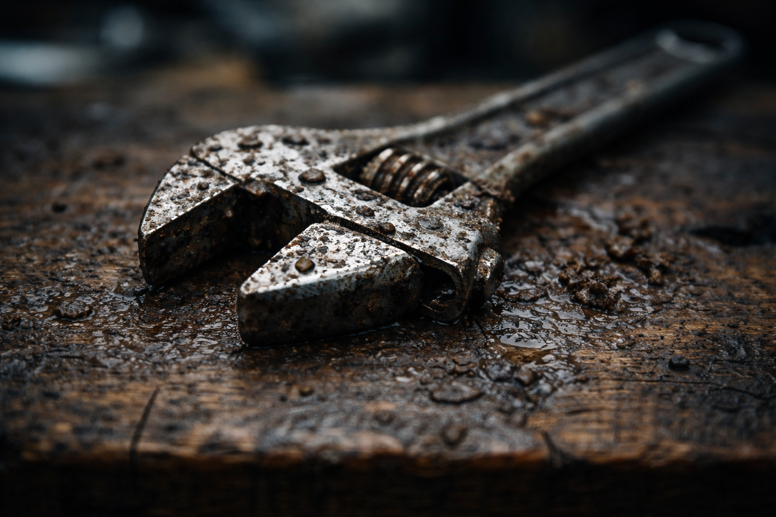 Macro close-up of a wet, used adjustable wrench with mud and water droplets resting on a damp wooden workbench, centered with a softly blurred cool-toned background and an uncluttered lower third.